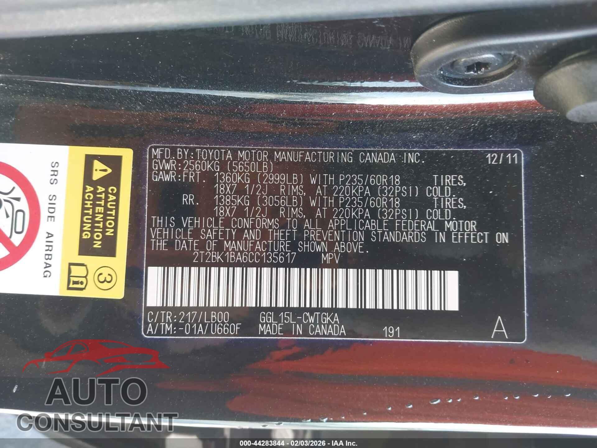 LEXUS RX 350 2012 - 2T2BK1BA6CC135617