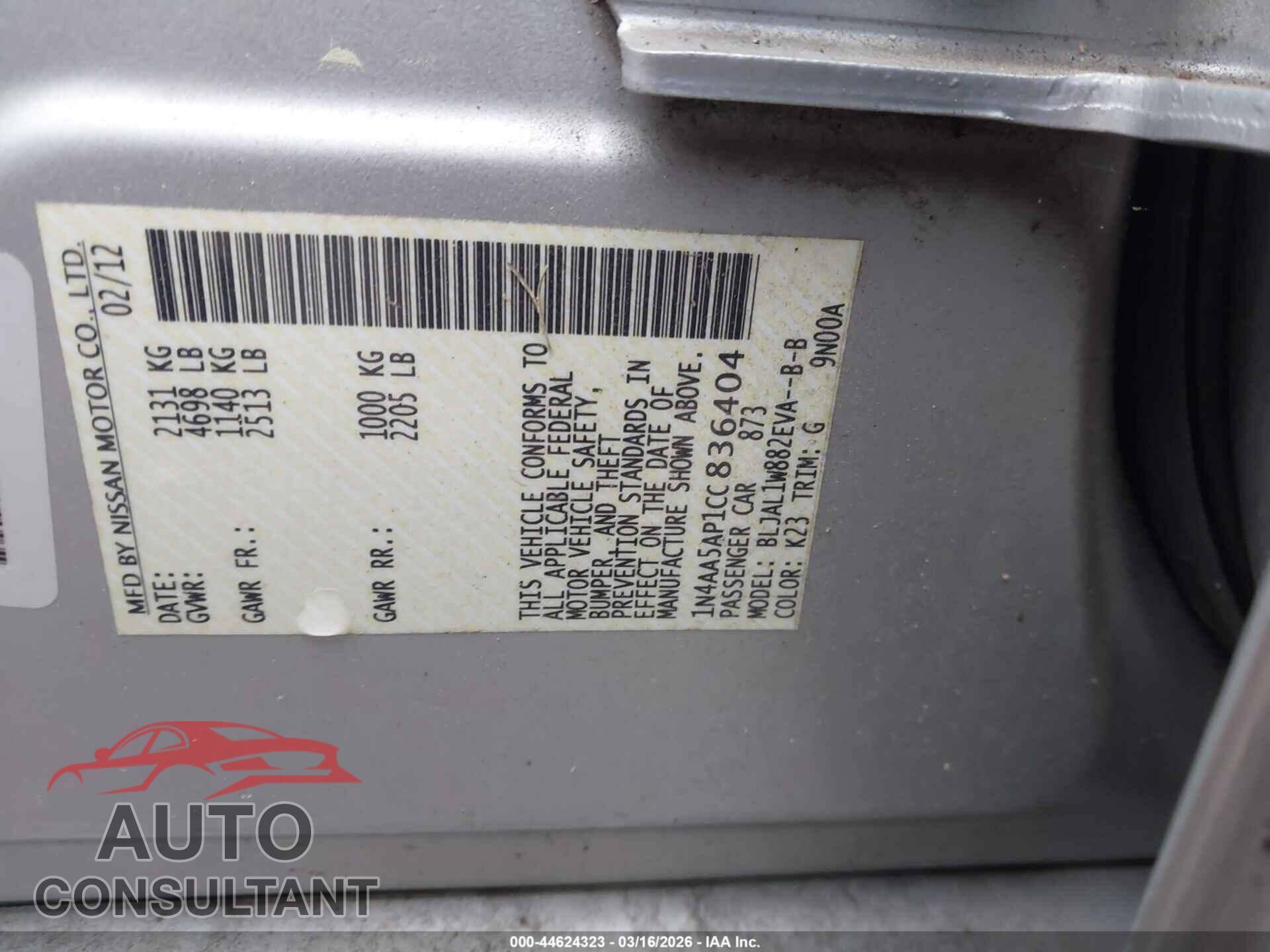 NISSAN MAXIMA 2012 - 1N4AA5AP1CC836404