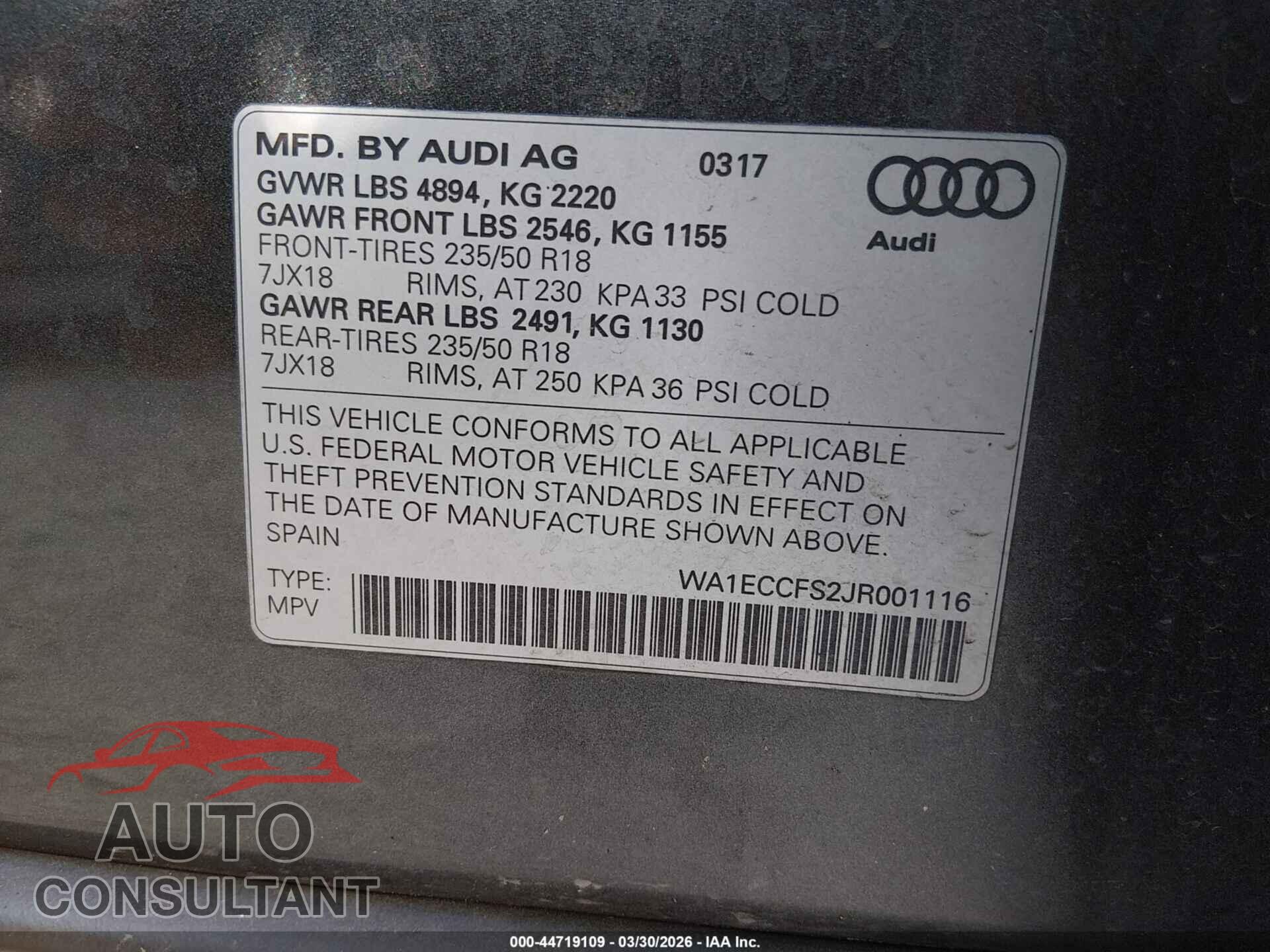 AUDI Q3 2018 - WA1ECCFS2JR001116