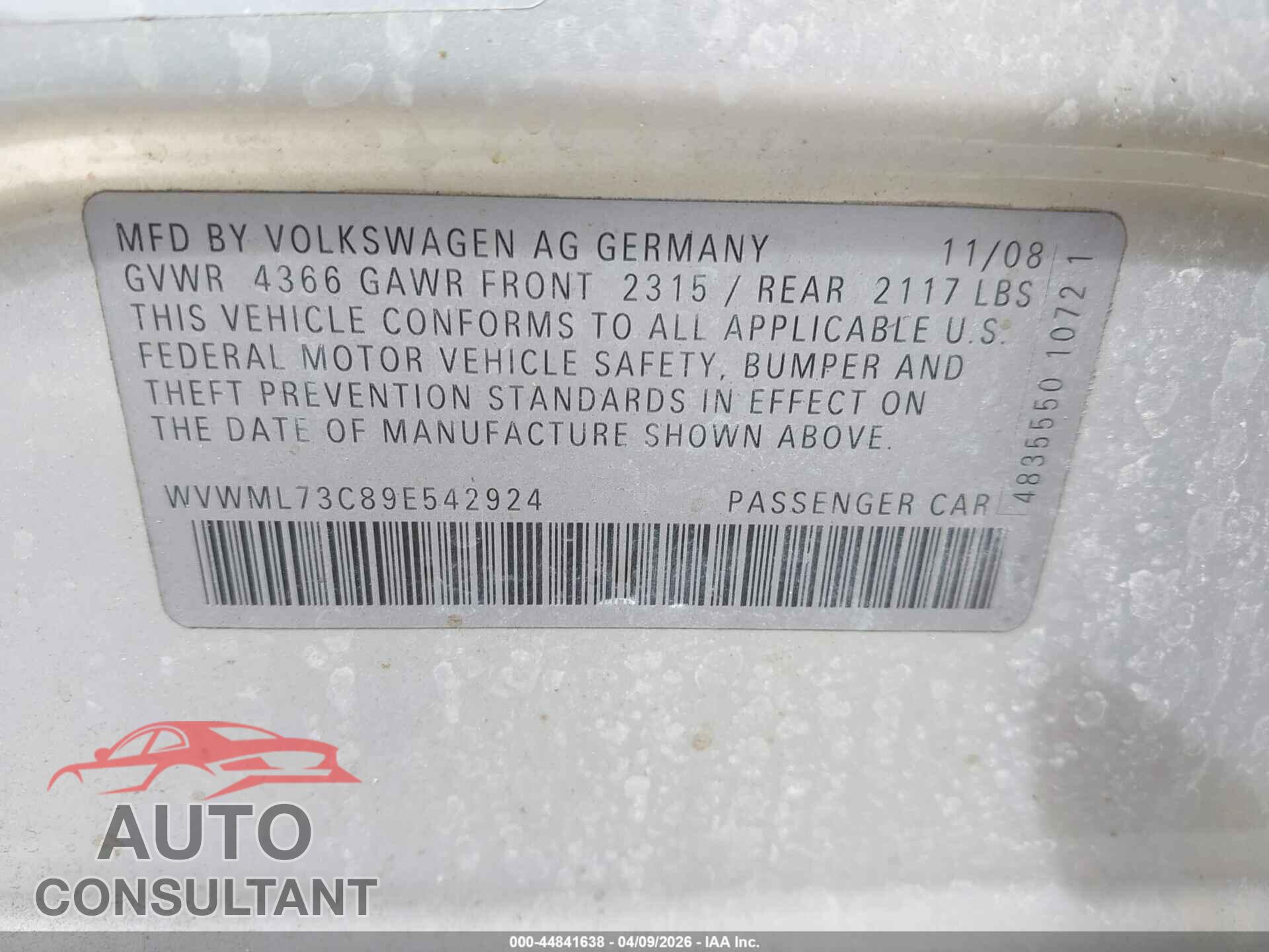 VOLKSWAGEN CC 2009 - WVWML73C89E542924