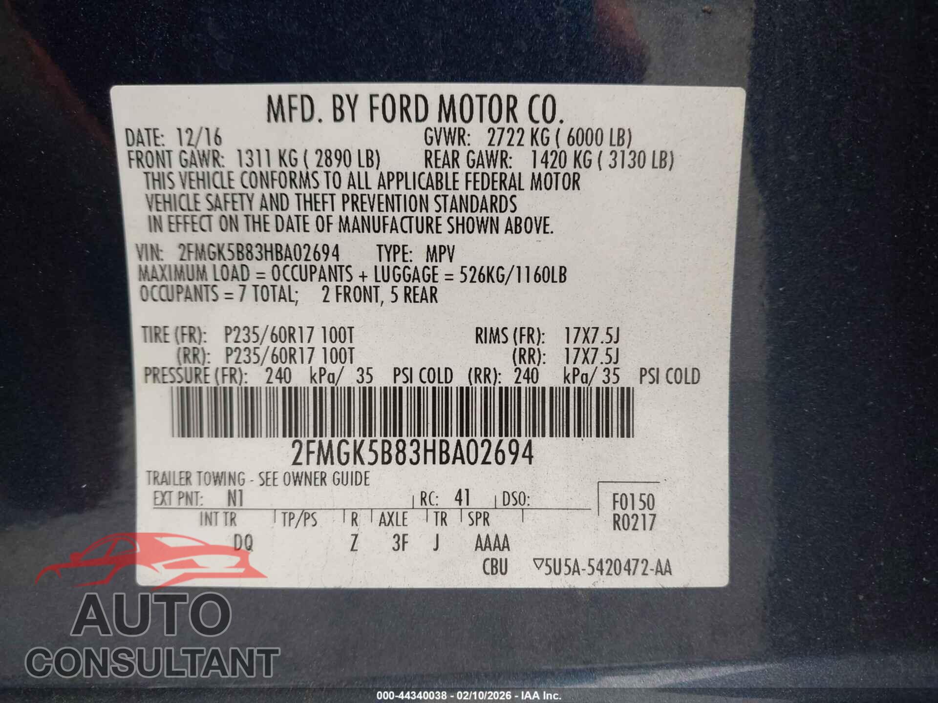 FORD FLEX 2017 - 2FMGK5B83HBA02694