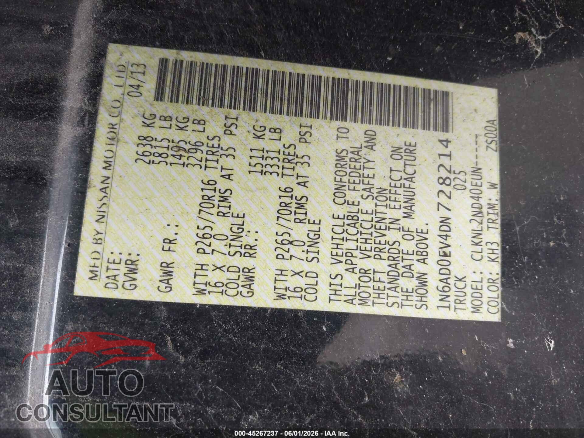 NISSAN FRONTIER 2013 - 1N6AD0EV4DN728214