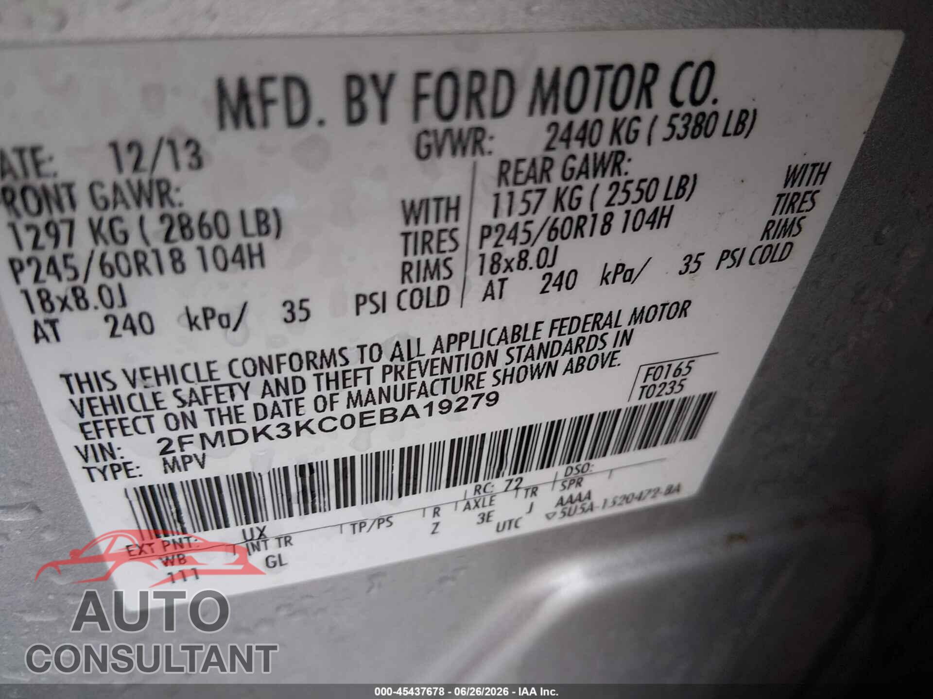 FORD EDGE 2014 - 2FMDK3KC0EBA19279