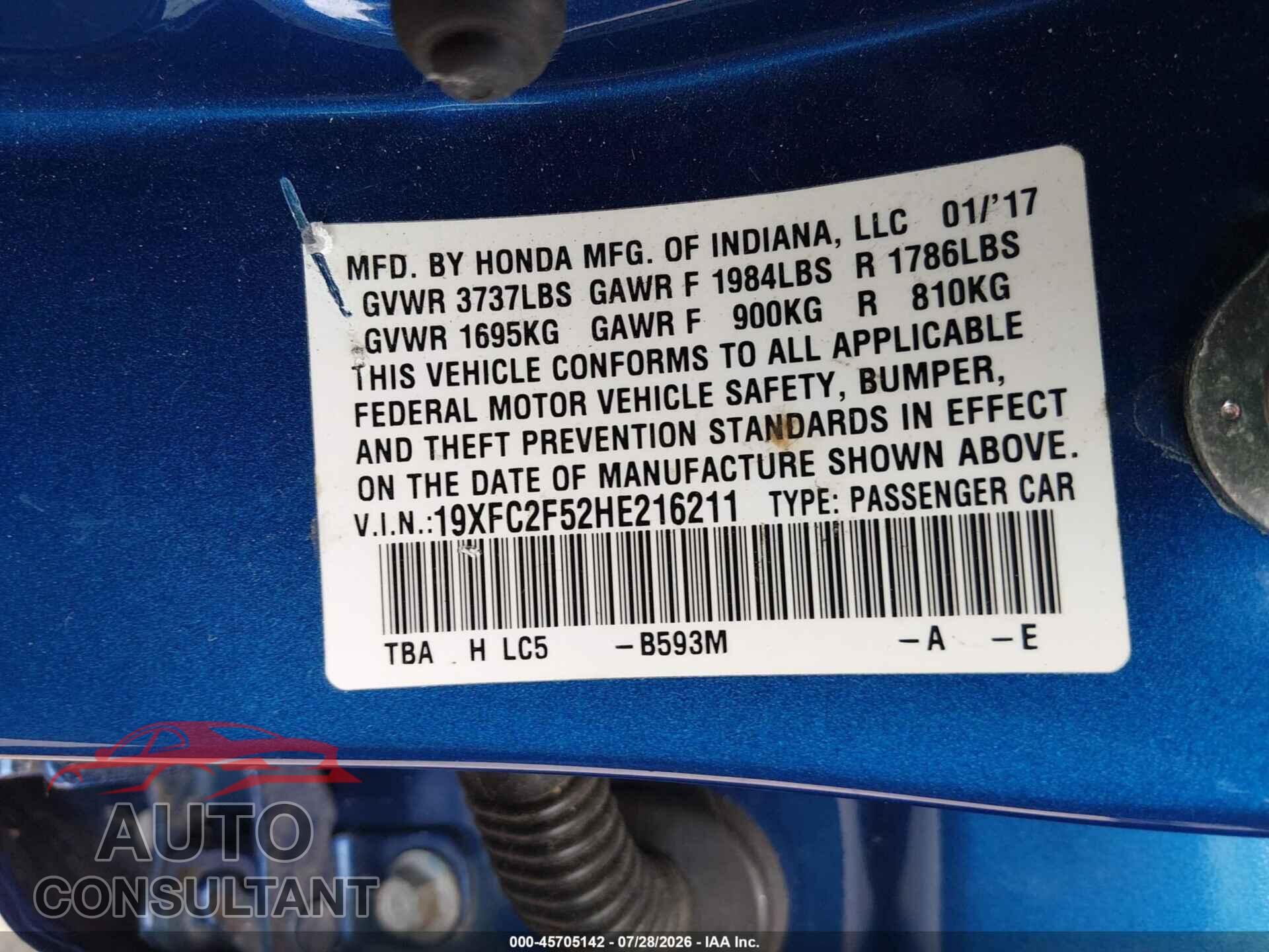 HONDA CIVIC 2017 - 19XFC2F52HE216211