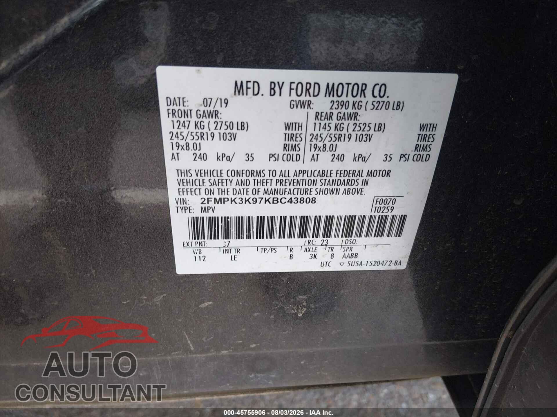 FORD EDGE 2019 - 2FMPK3K97KBC43808