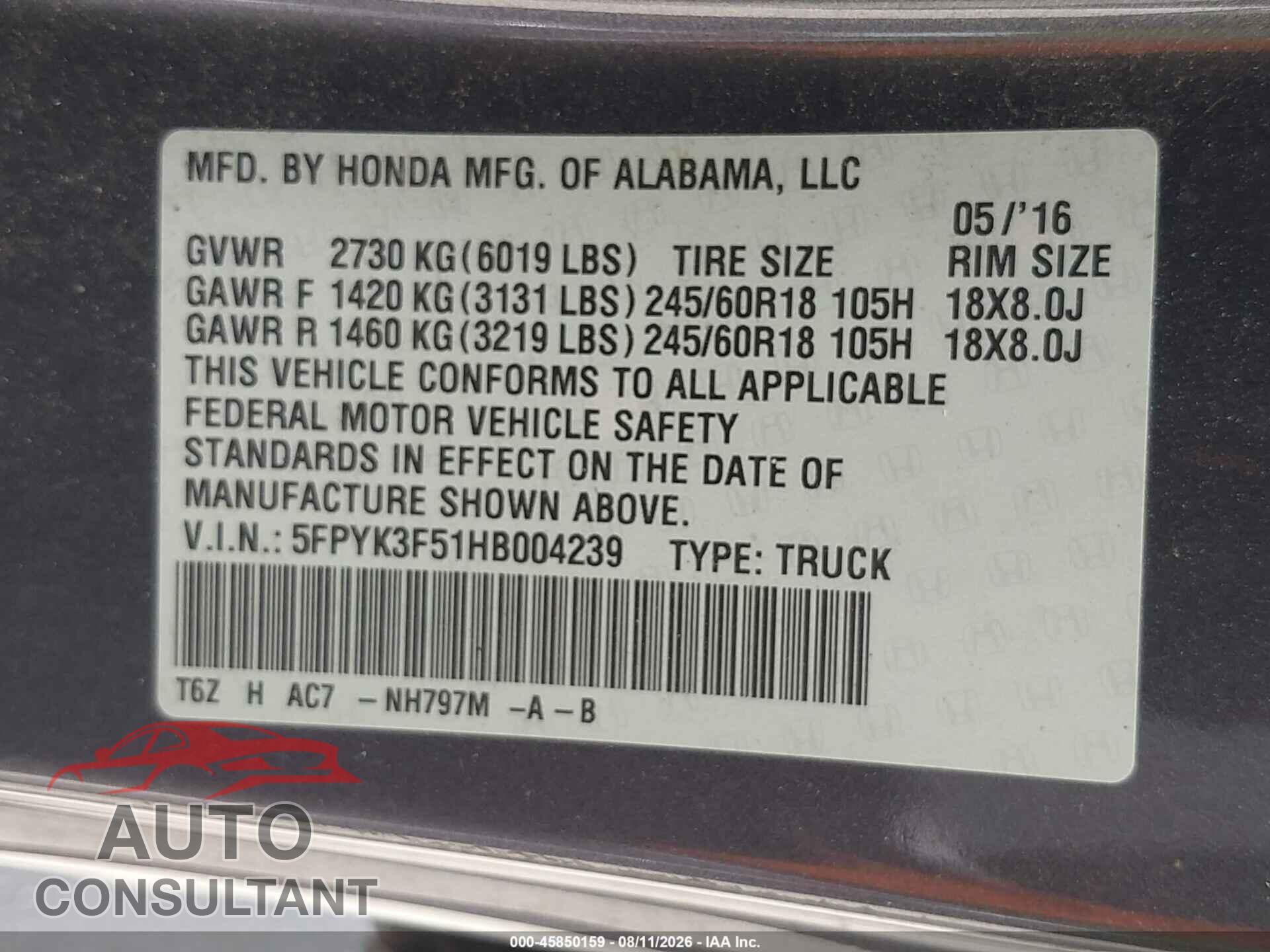 HONDA RIDGELINE 2017 - 5FPYK3F51HB004239