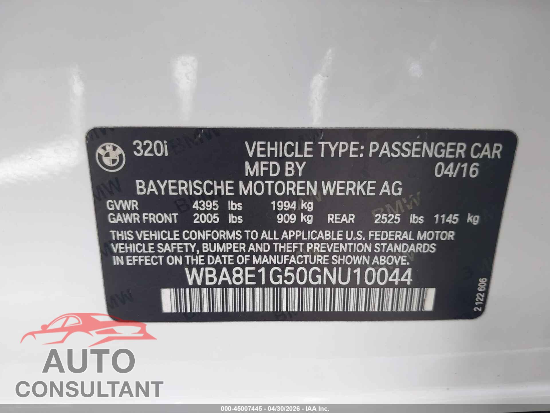 BMW 320I 2016 - WBA8E1G50GNU10044