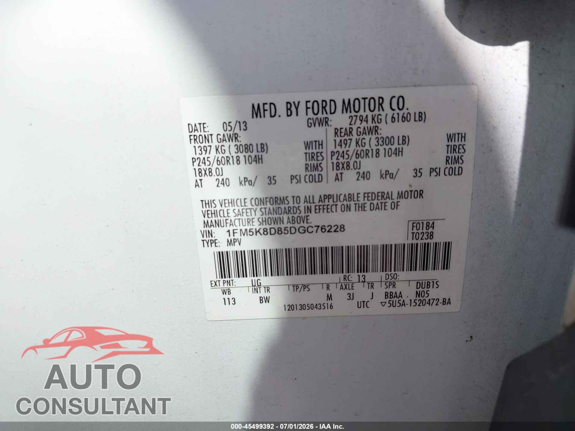 FORD EXPLORER 2013 - 1FM5K8D85DGC76228