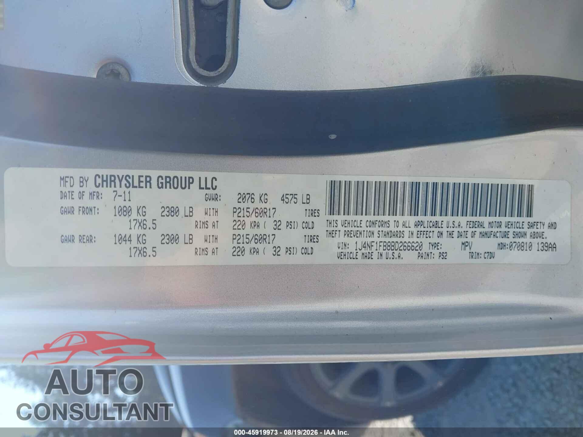 JEEP COMPASS 2011 - 1J4NF1FB8BD266620