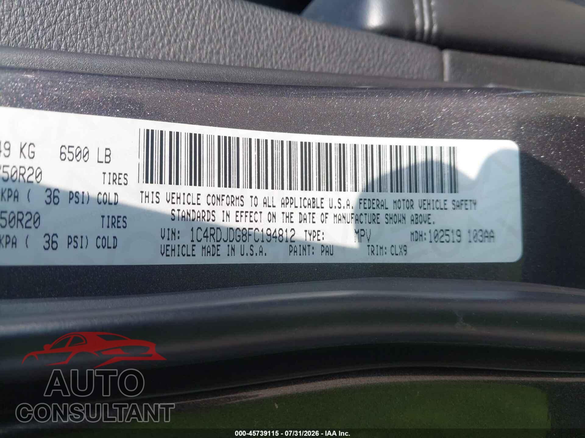 DODGE DURANGO 2015 - 1C4RDJDG8FC194812