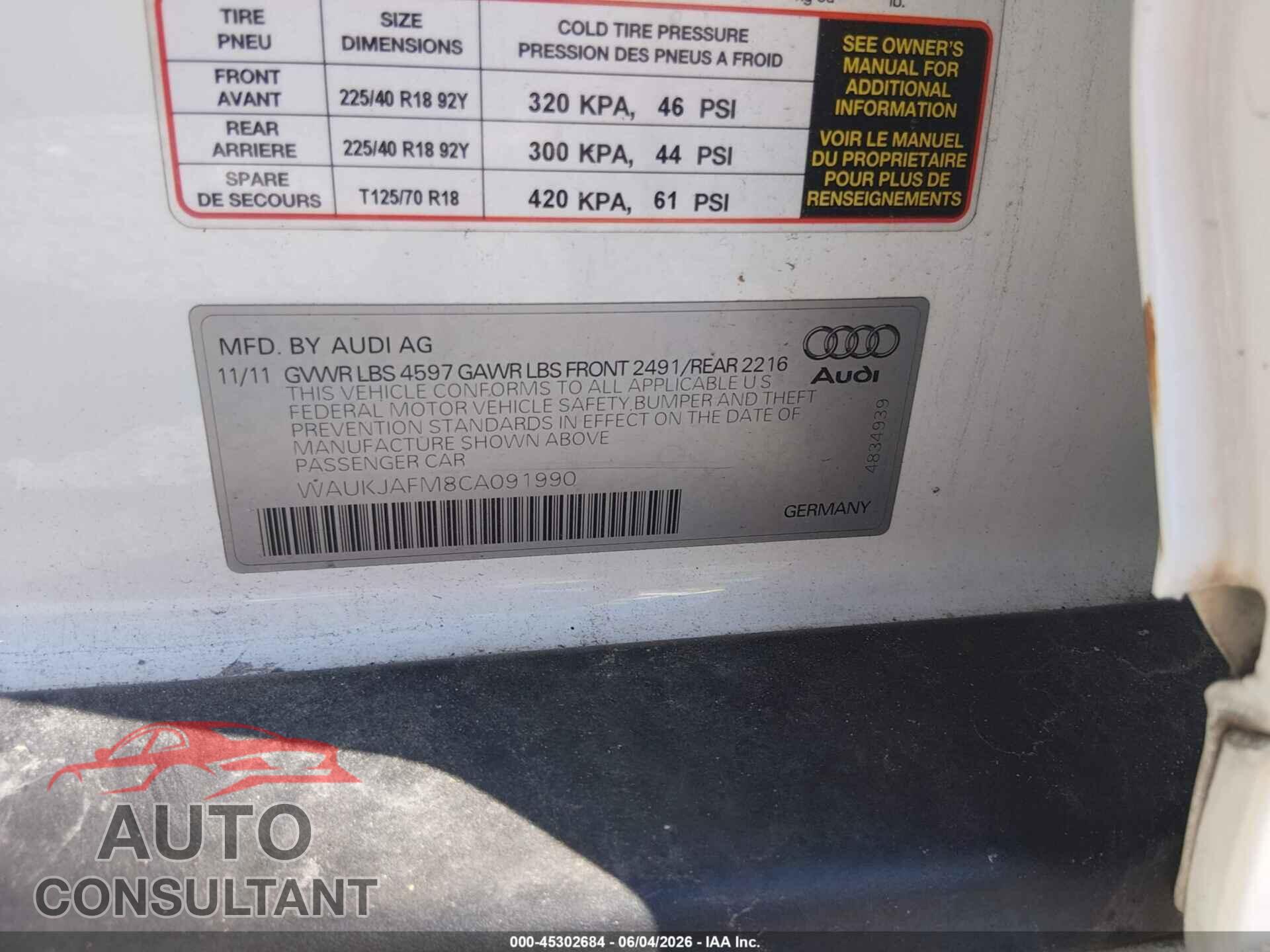 AUDI A3 2012 - WAUKJAFM8CA091990