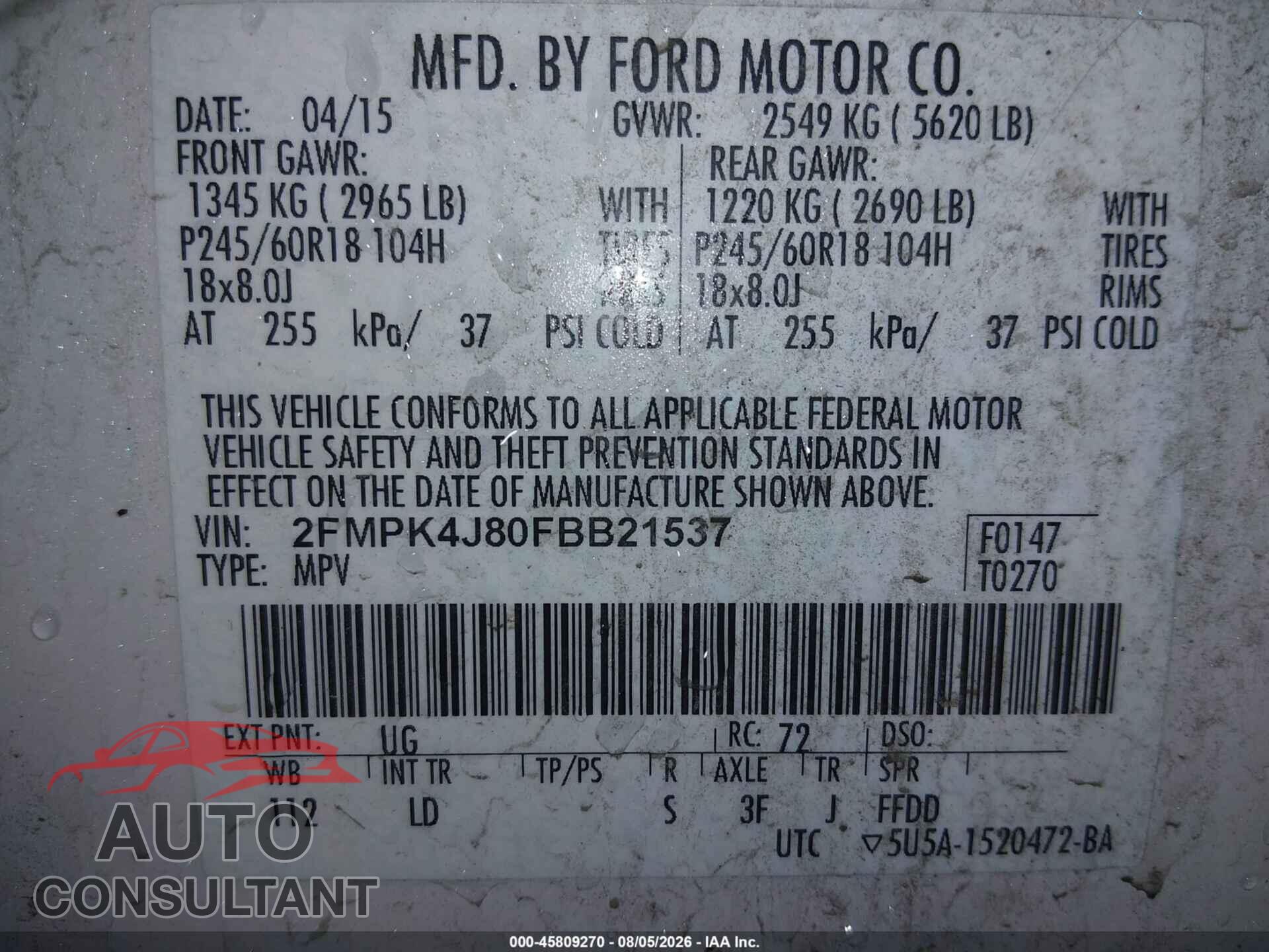 FORD EDGE 2015 - 2FMPK4J80FBB21537