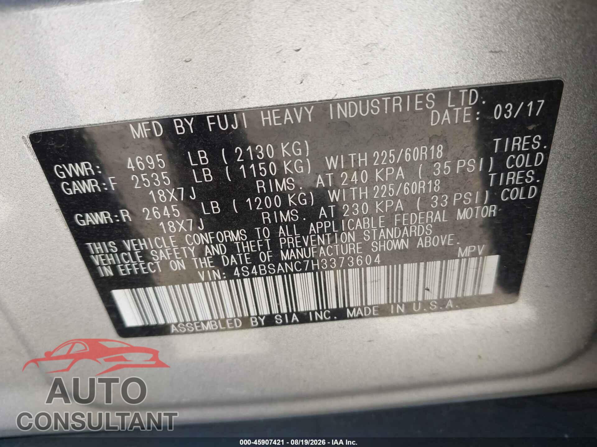 SUBARU OUTBACK 2017 - 4S4BSANC7H3373604