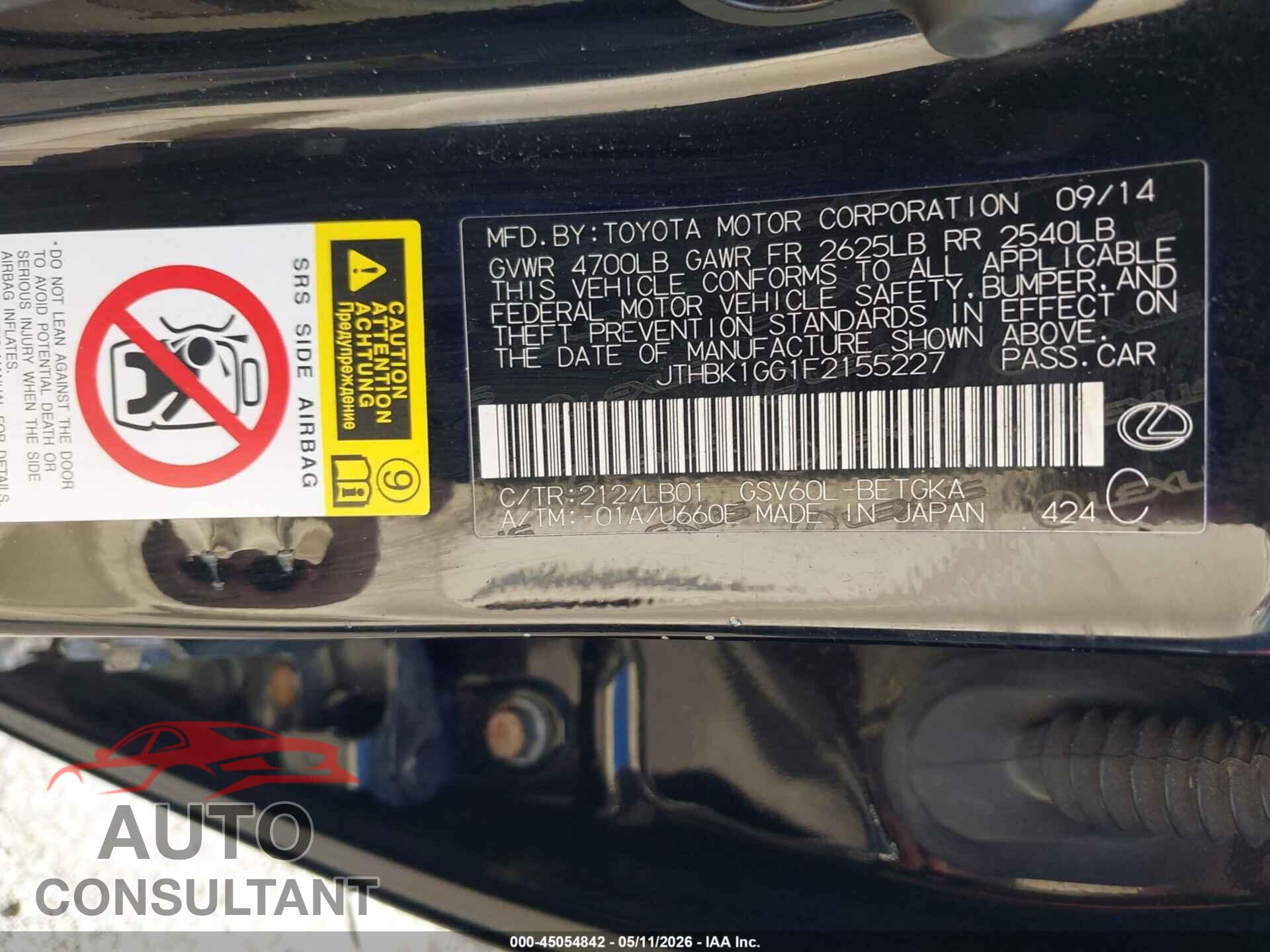 LEXUS ES 350 2015 - JTHBK1GG1F2155227
