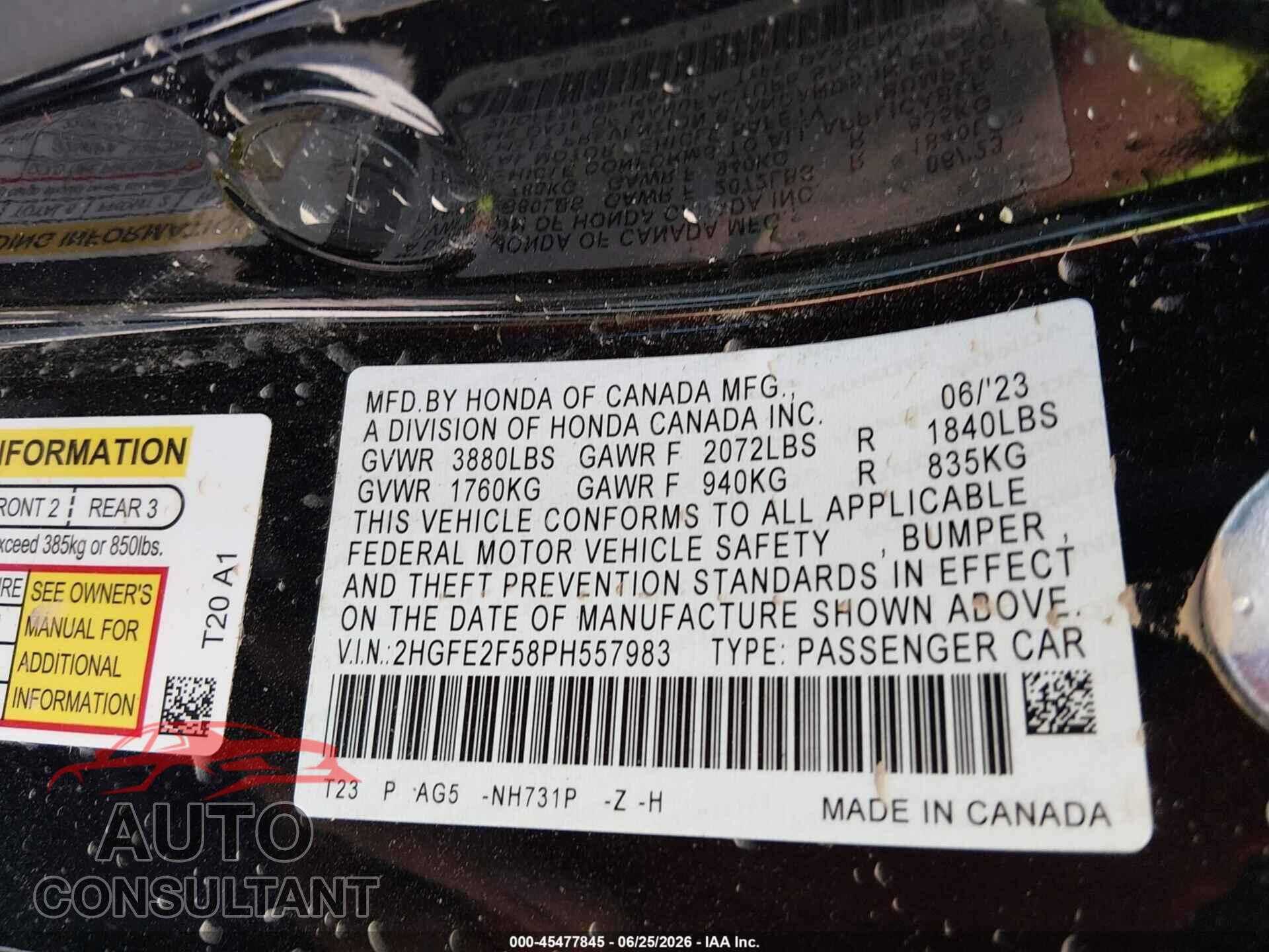 HONDA CIVIC 2023 - 2HGFE2F58PH557983