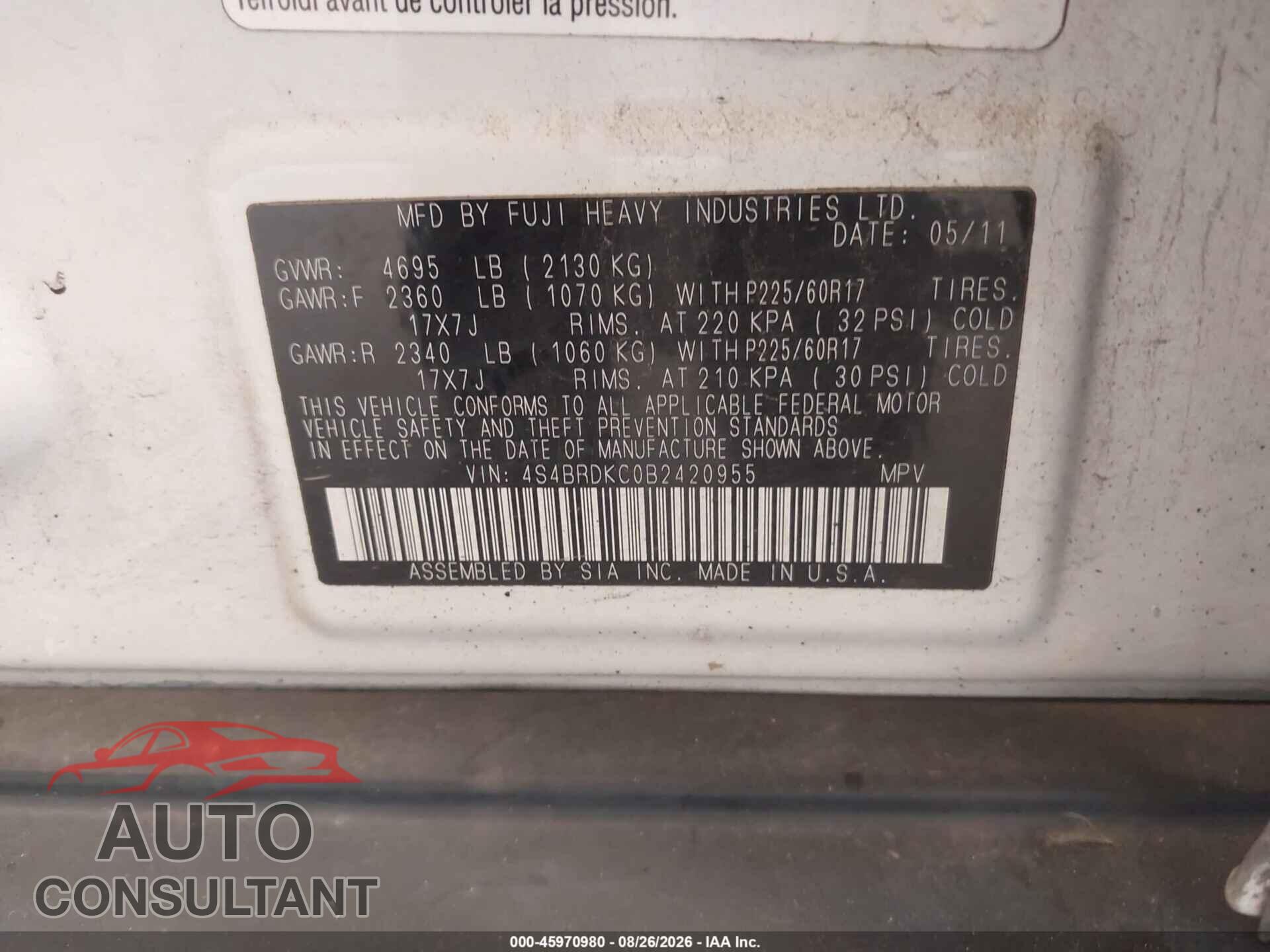 SUBARU OUTBACK 2011 - 4S4BRDKC0B2420955