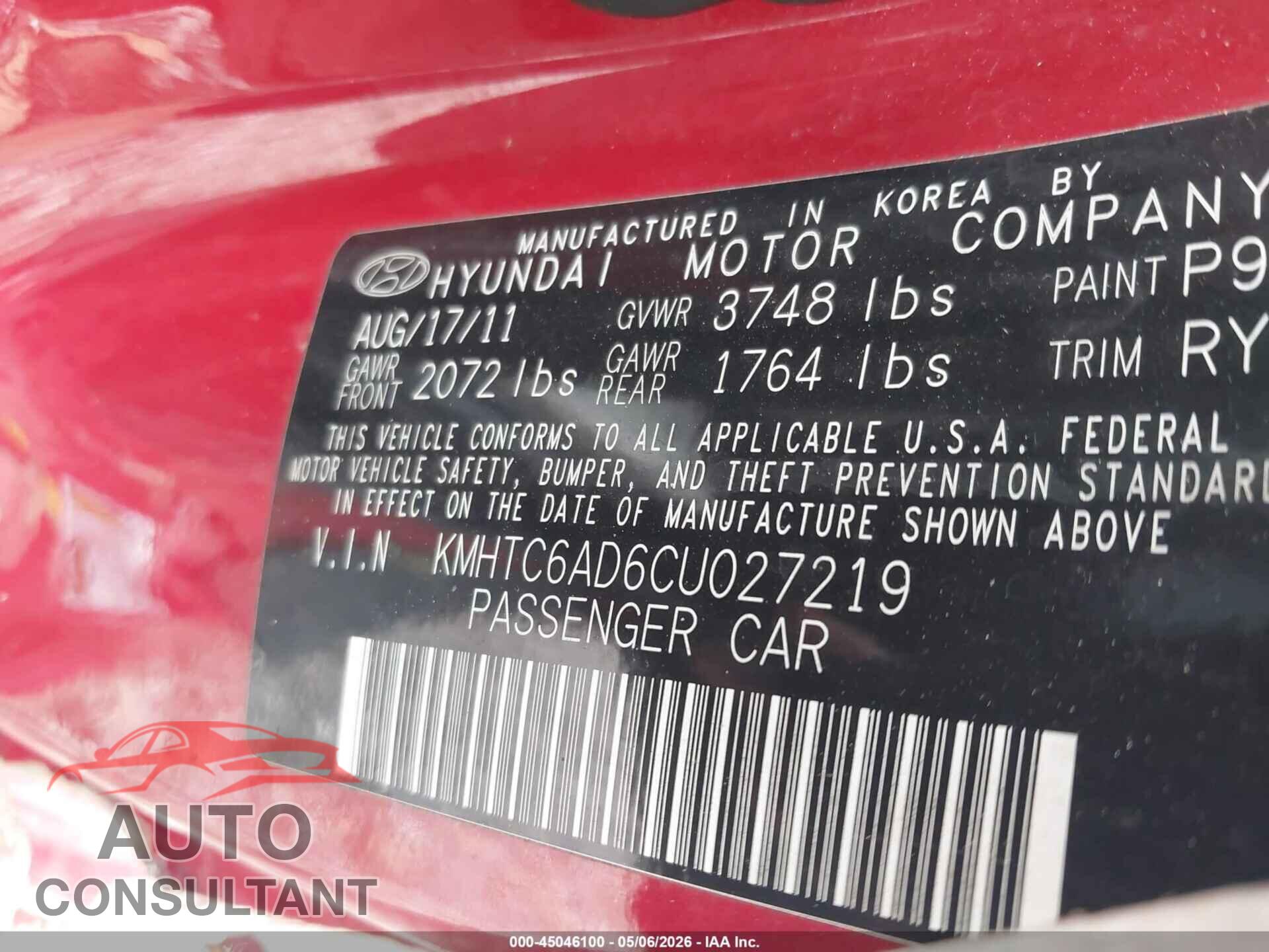 HYUNDAI VELOSTER 2012 - KMHTC6AD6CU027219