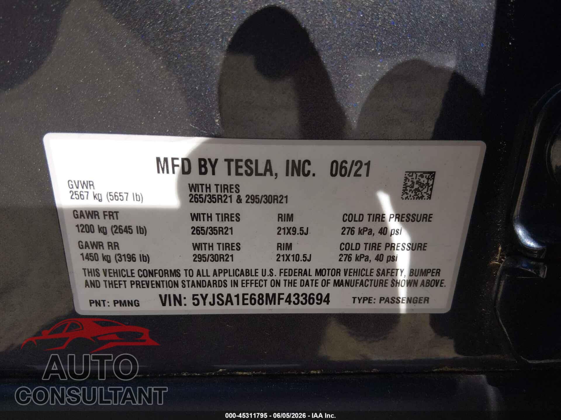 TESLA MODEL S 2021 - 5YJSA1E68MF433694