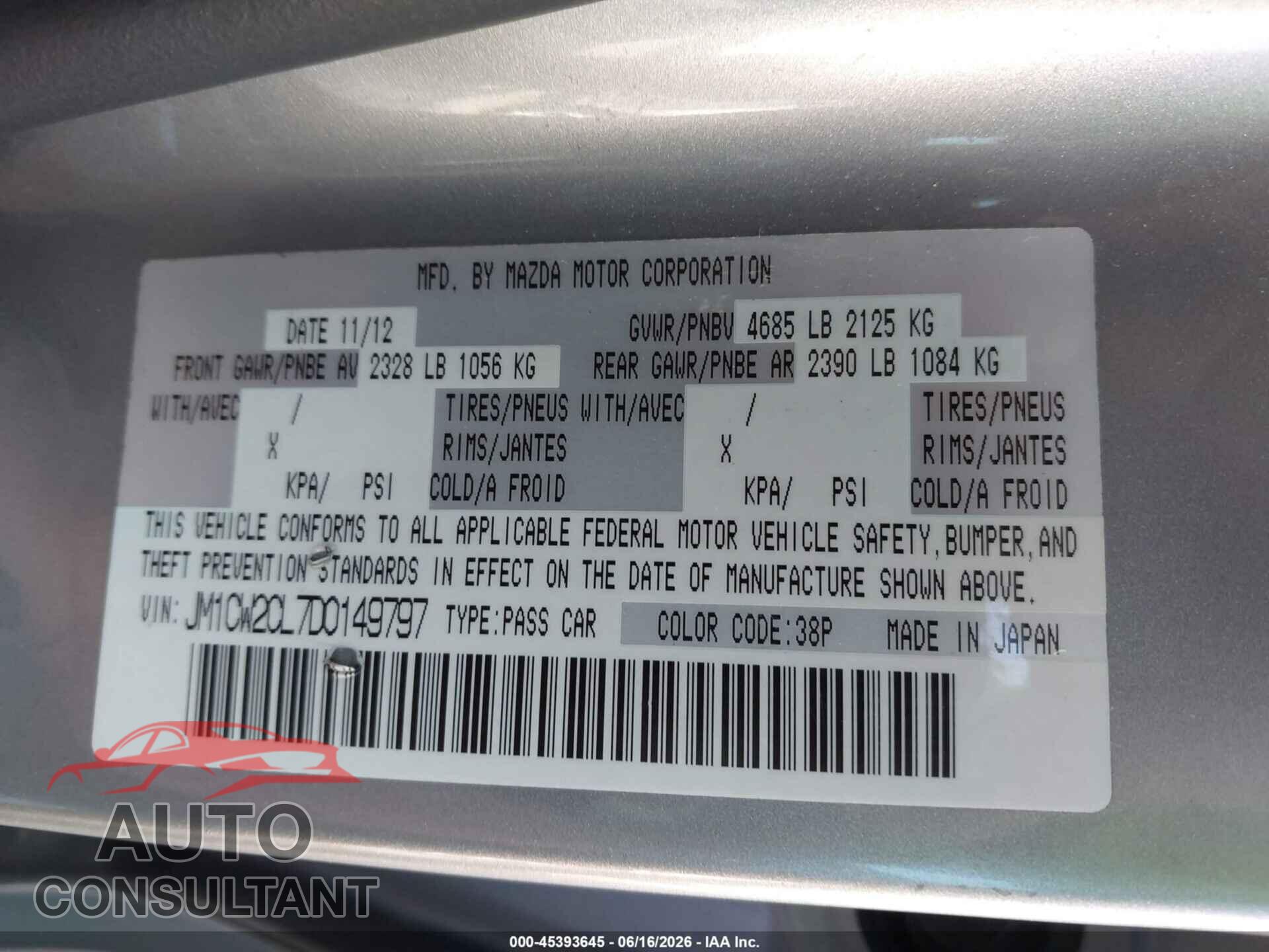 MAZDA MAZDA5 2013 - JM1CW2CL7D0149797