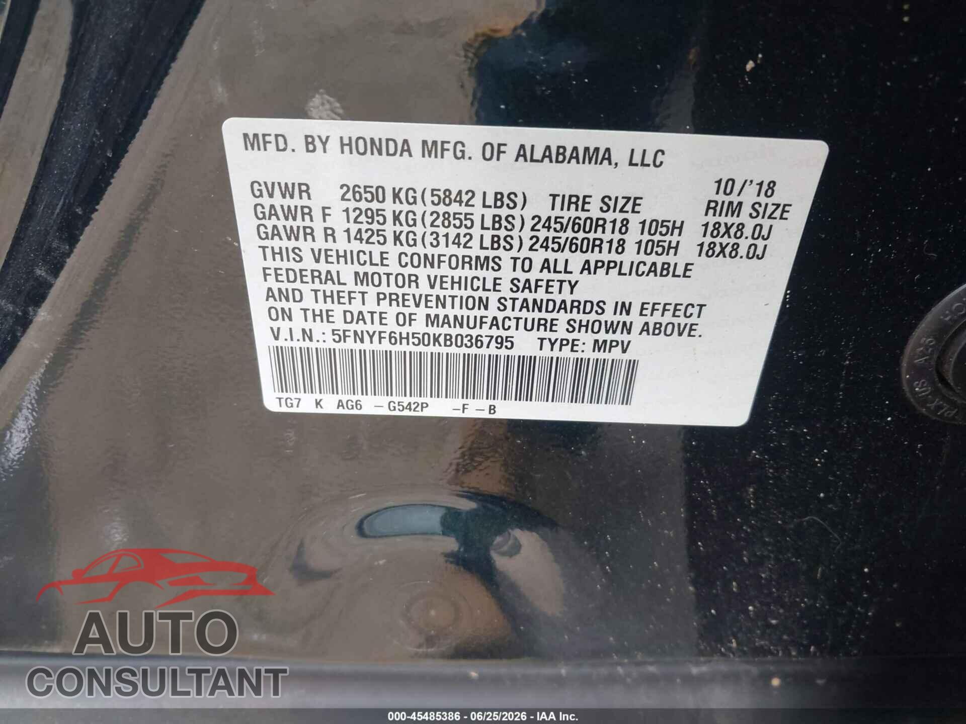 HONDA PILOT 2019 - 5FNYF6H50KB036795