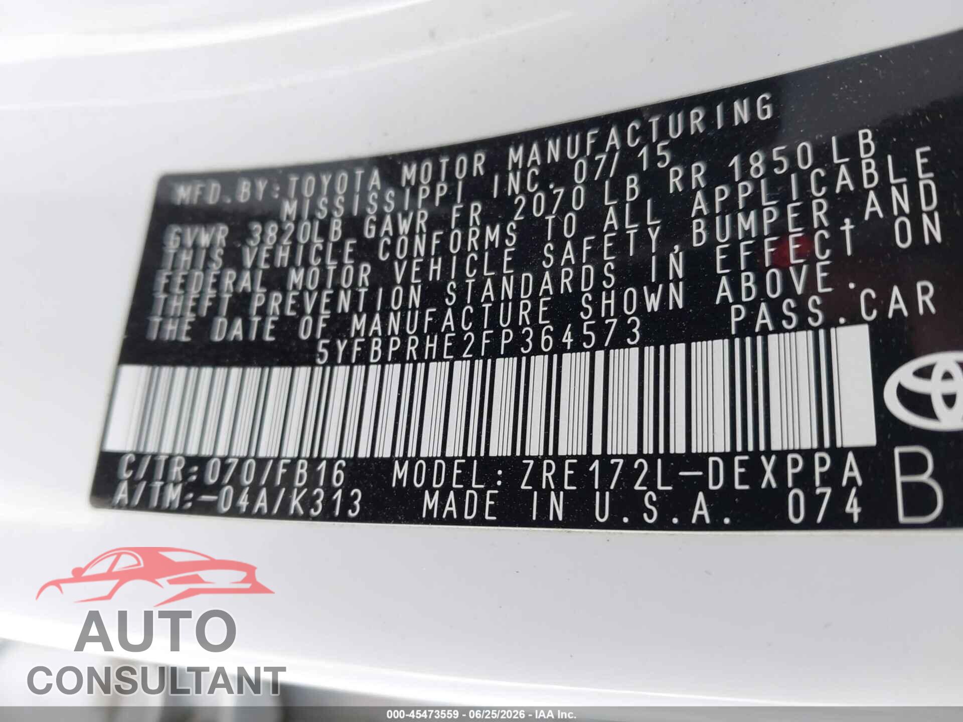TOYOTA COROLLA 2015 - 5YFBPRHE2FP364573