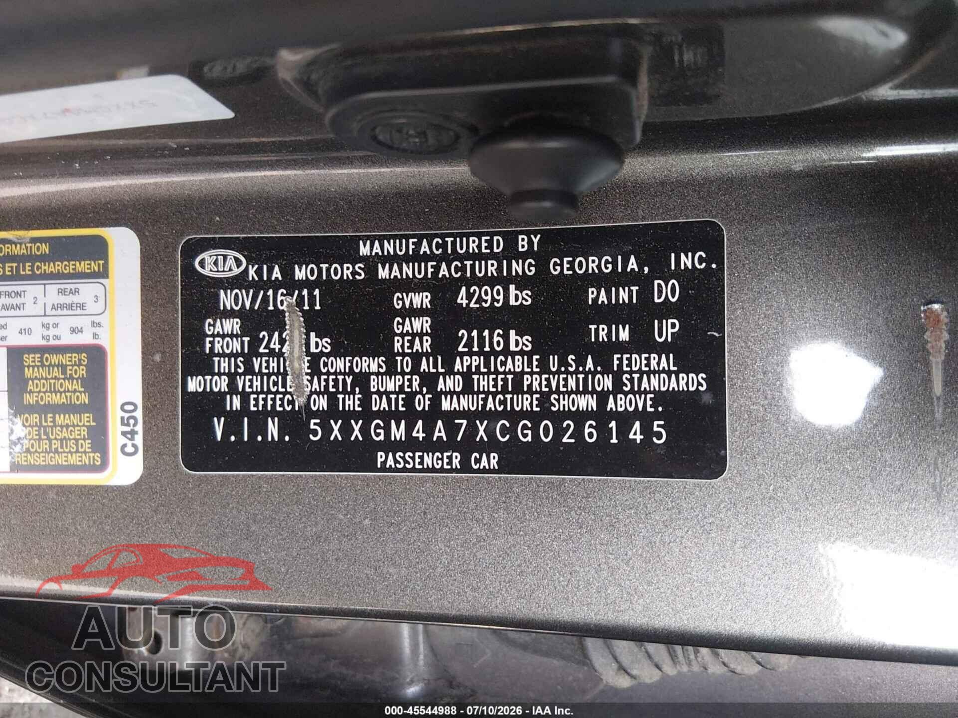 KIA OPTIMA 2012 - 5XXGM4A7XCG026145