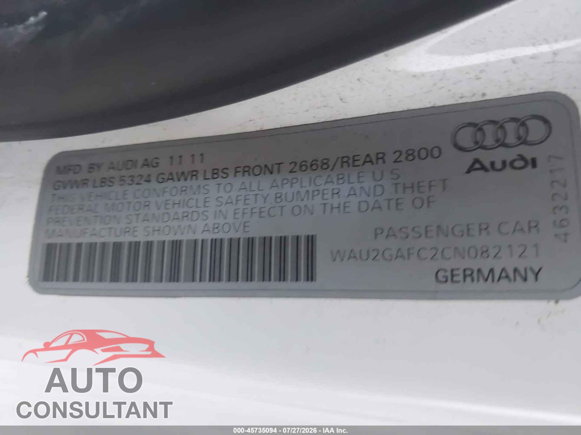 AUDI A7 2012 - WAU2GAFC2CN082121