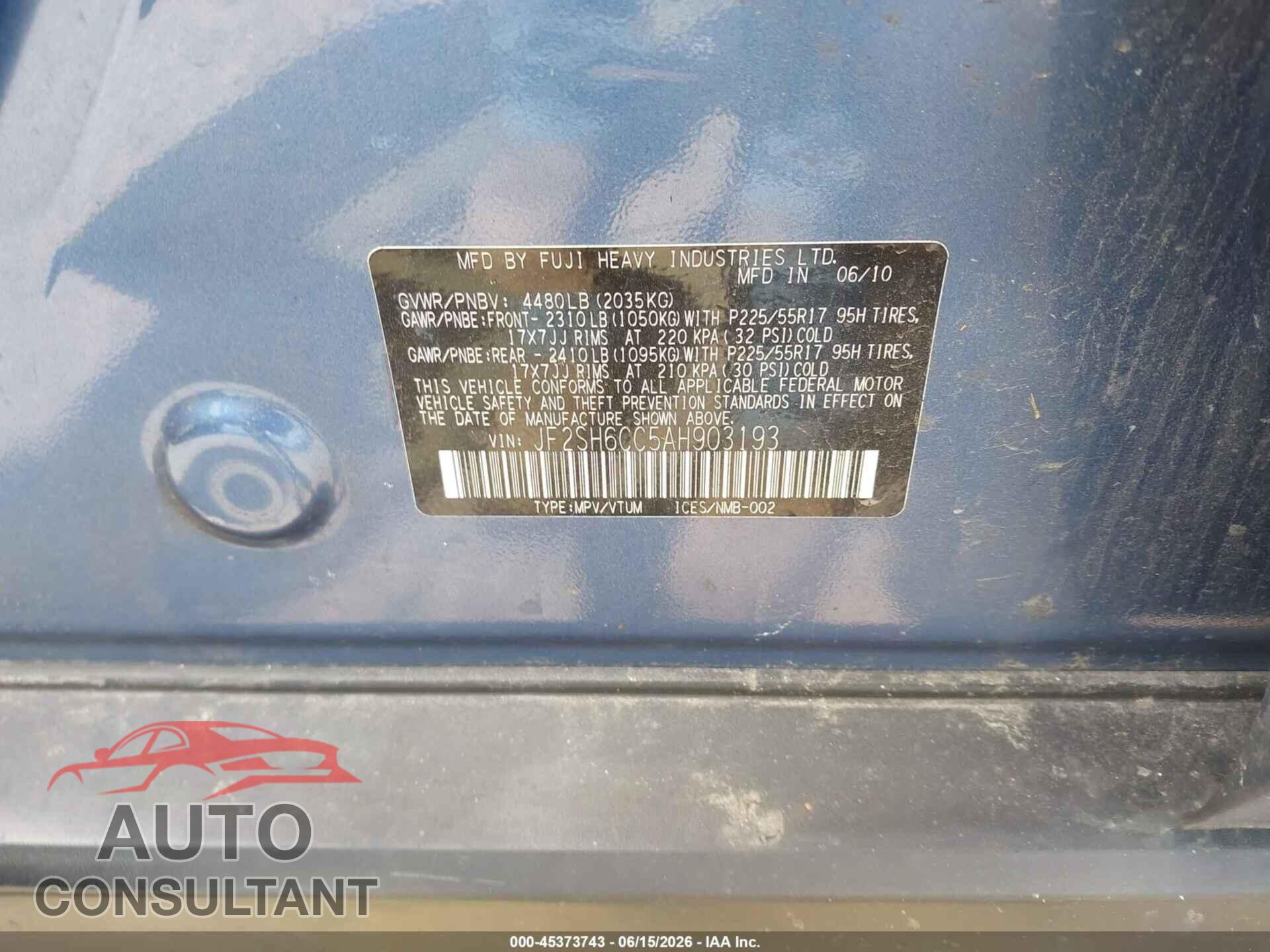 SUBARU FORESTER 2010 - JF2SH6CC5AH903193
