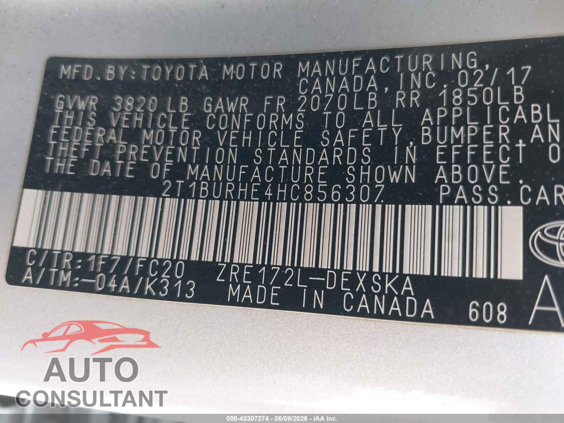 TOYOTA COROLLA 2017 - 2T1BURHE4HC856307