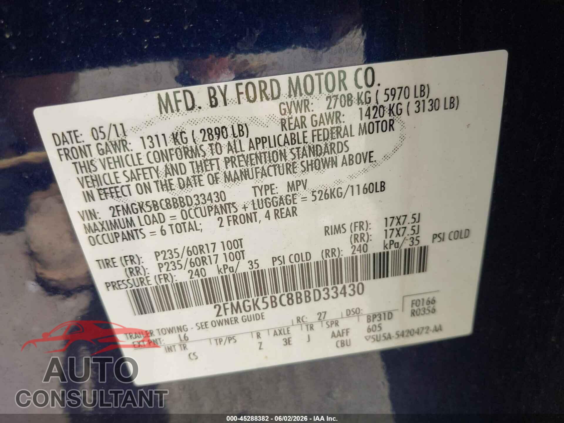 FORD FLEX 2011 - 2FMGK5BC8BBD33430