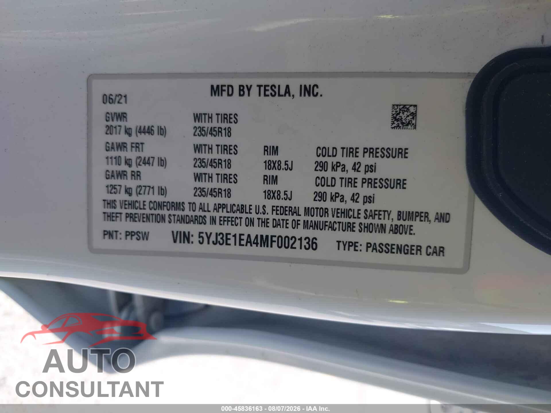 TESLA MODEL 3 2021 - 5YJ3E1EA4MF002136
