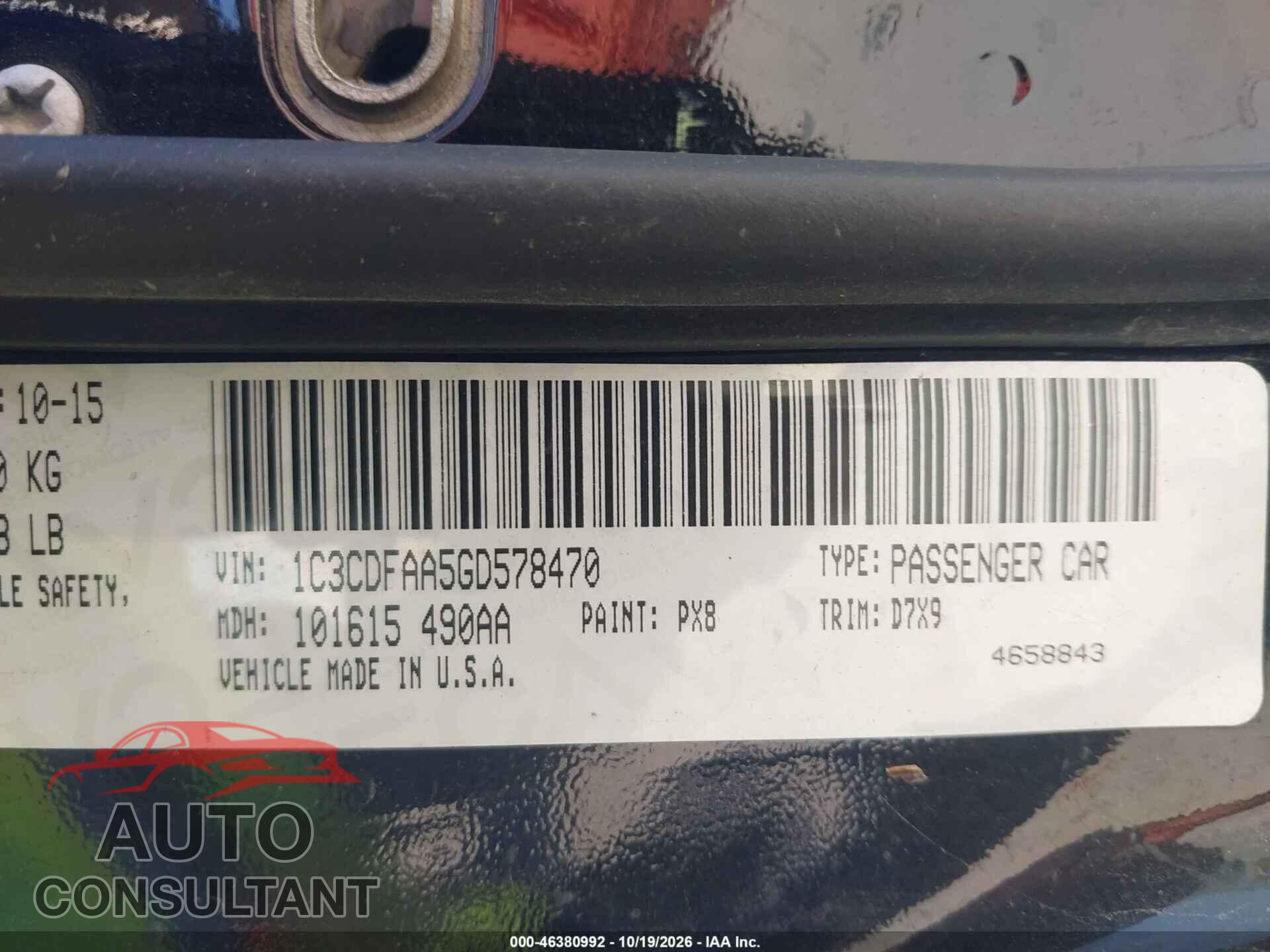 DODGE DART 2016 - 1C3CDFAA5GD578470