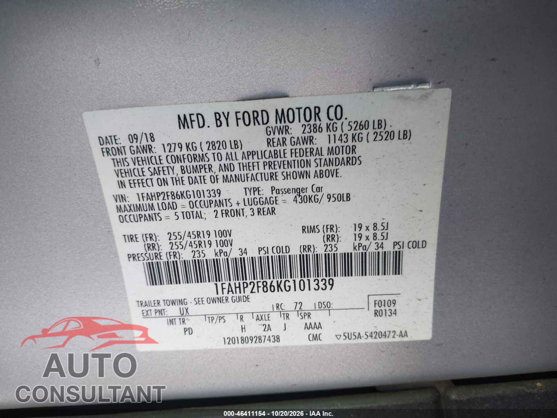 FORD TAURUS 2019 - 1FAHP2F86KG101339