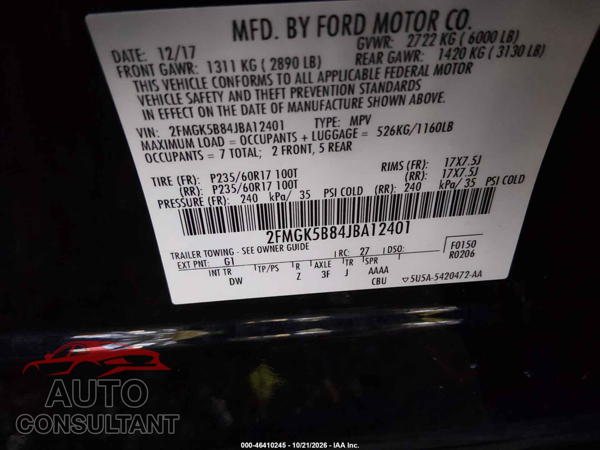 FORD FLEX 2018 - 2FMGK5B84JBA12401