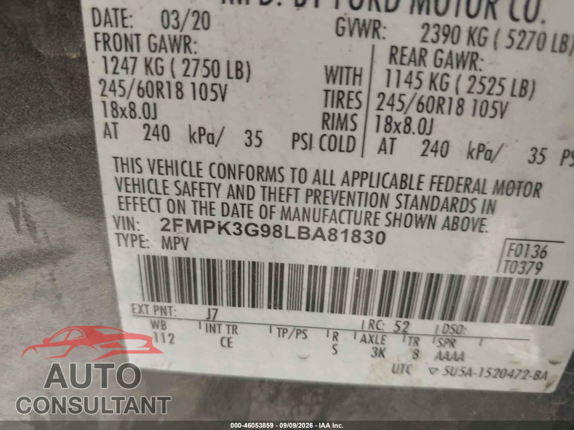 FORD EDGE 2020 - 2FMPK3G98LBA81830