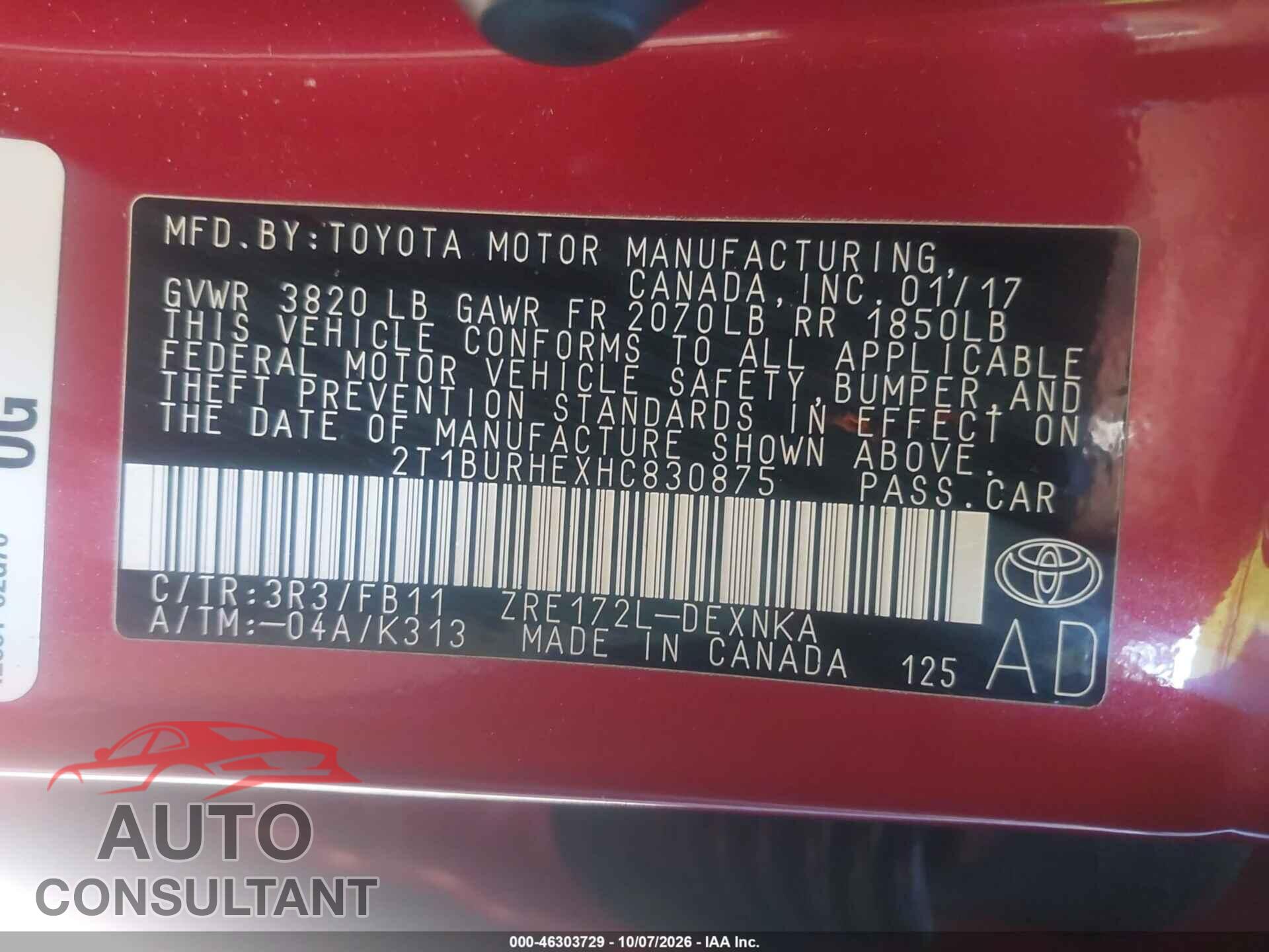 TOYOTA COROLLA 2017 - 2T1BURHEXHC830875