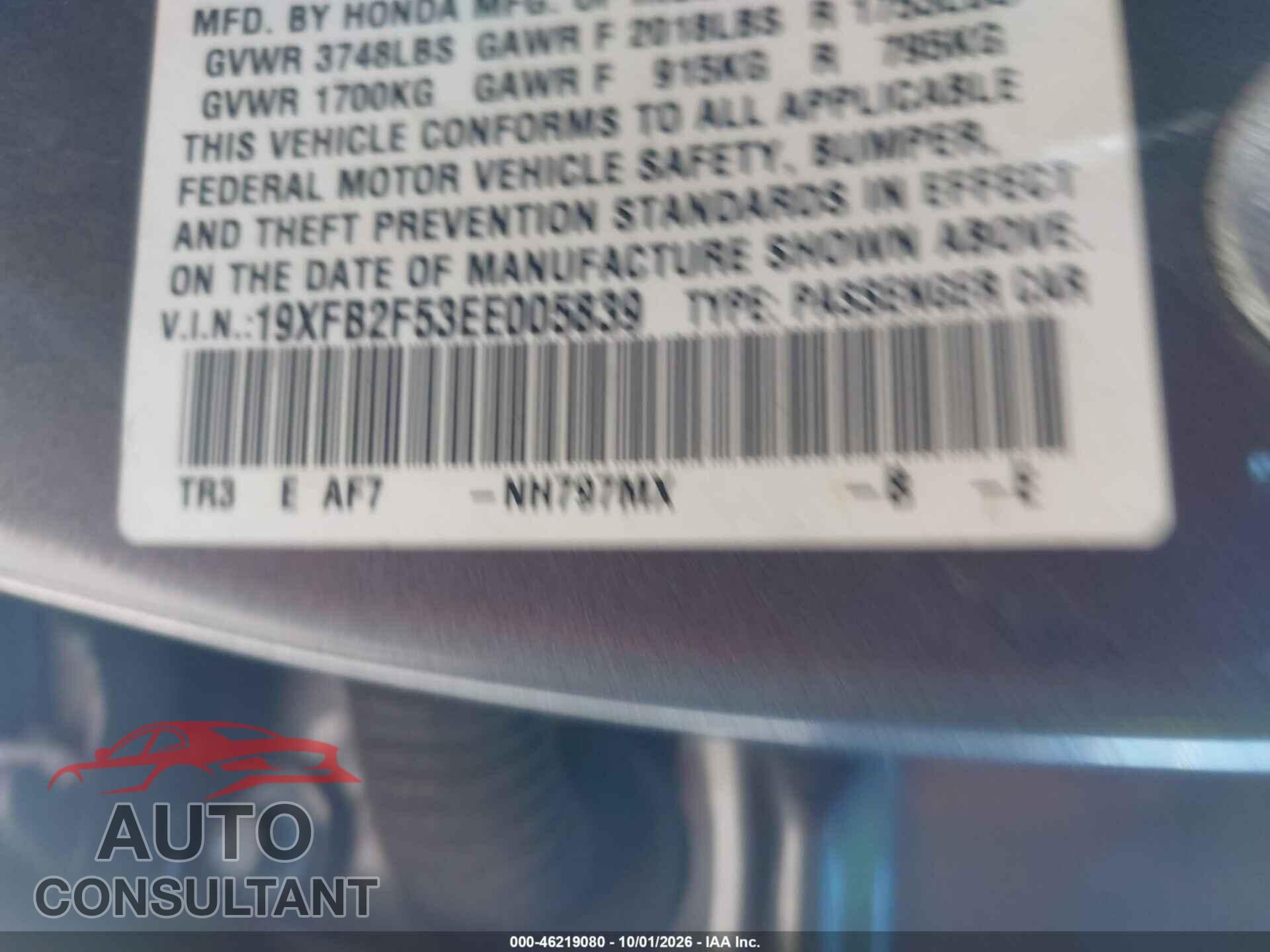 HONDA CIVIC 2014 - 19XFB2F53EE005839