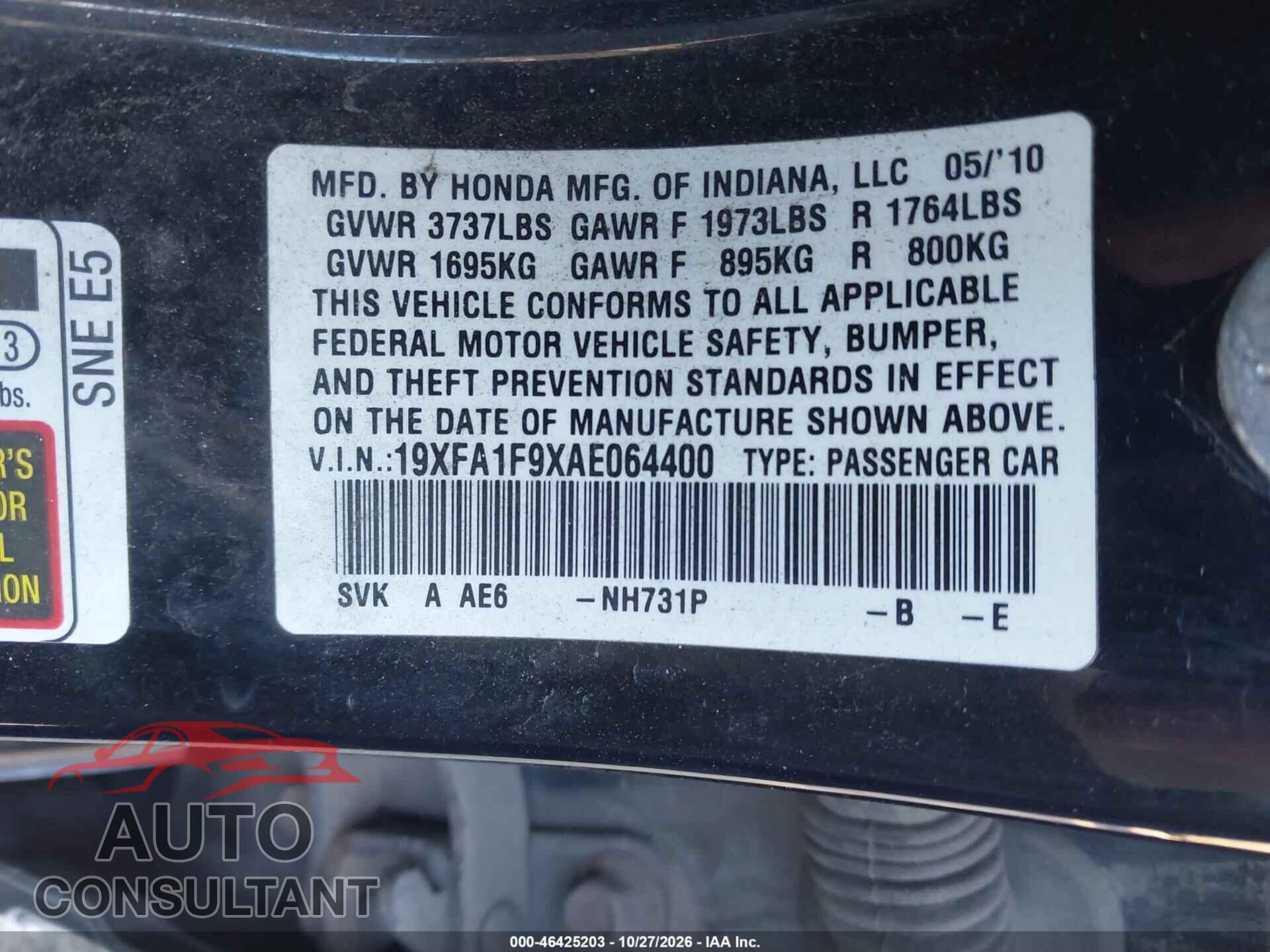 HONDA CIVIC 2010 - 19XFA1F9XAE064400