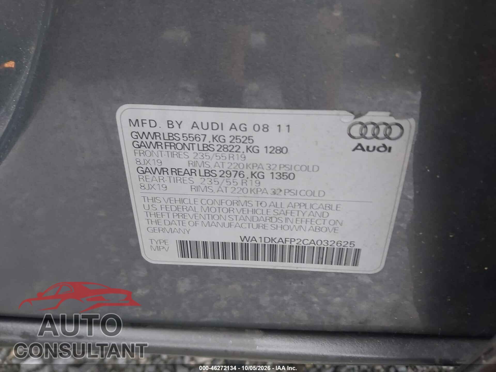 AUDI Q5 2012 - WA1DKAFP2CA032625