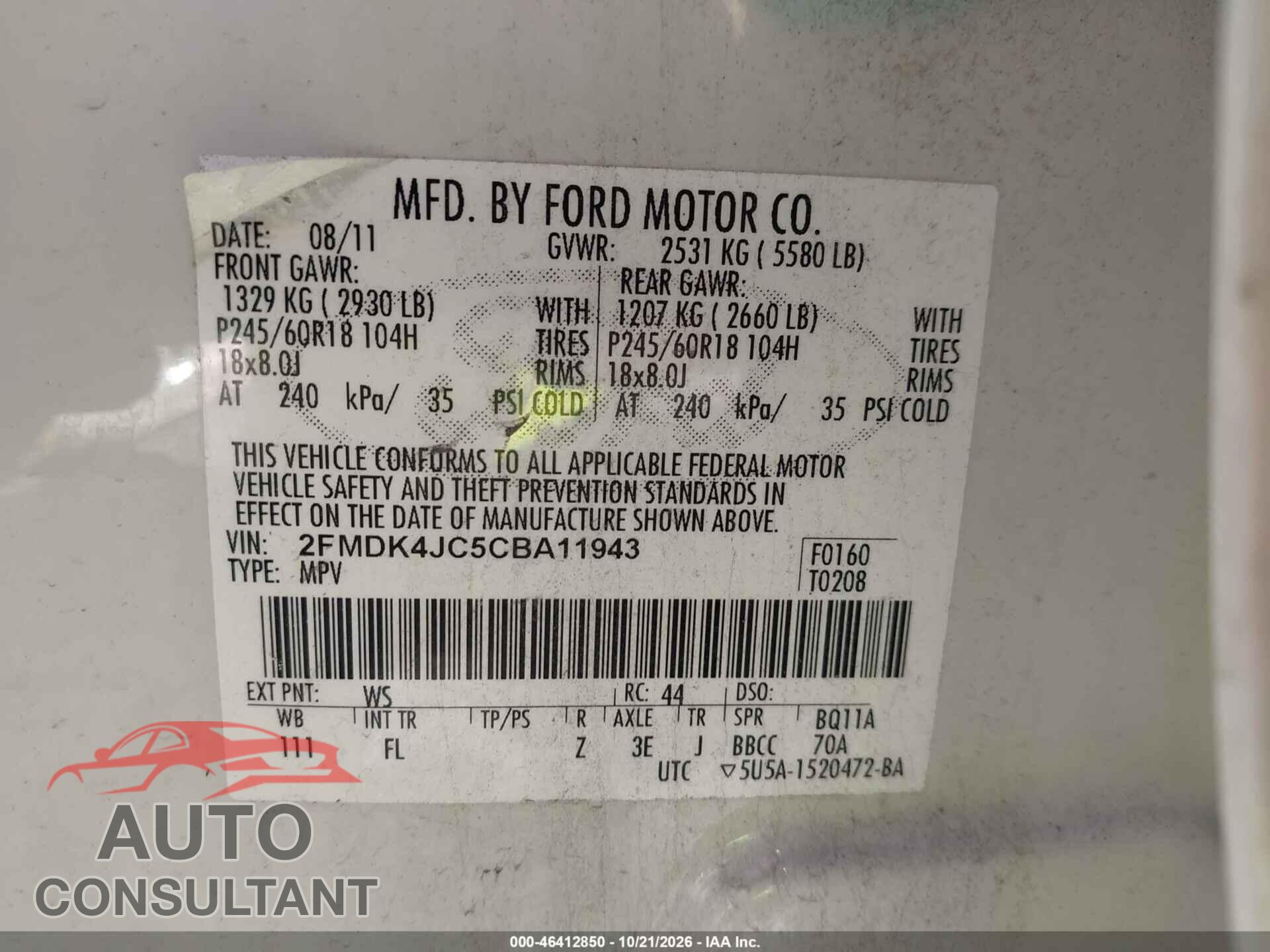 FORD EDGE 2012 - 2FMDK4JC5CBA11943