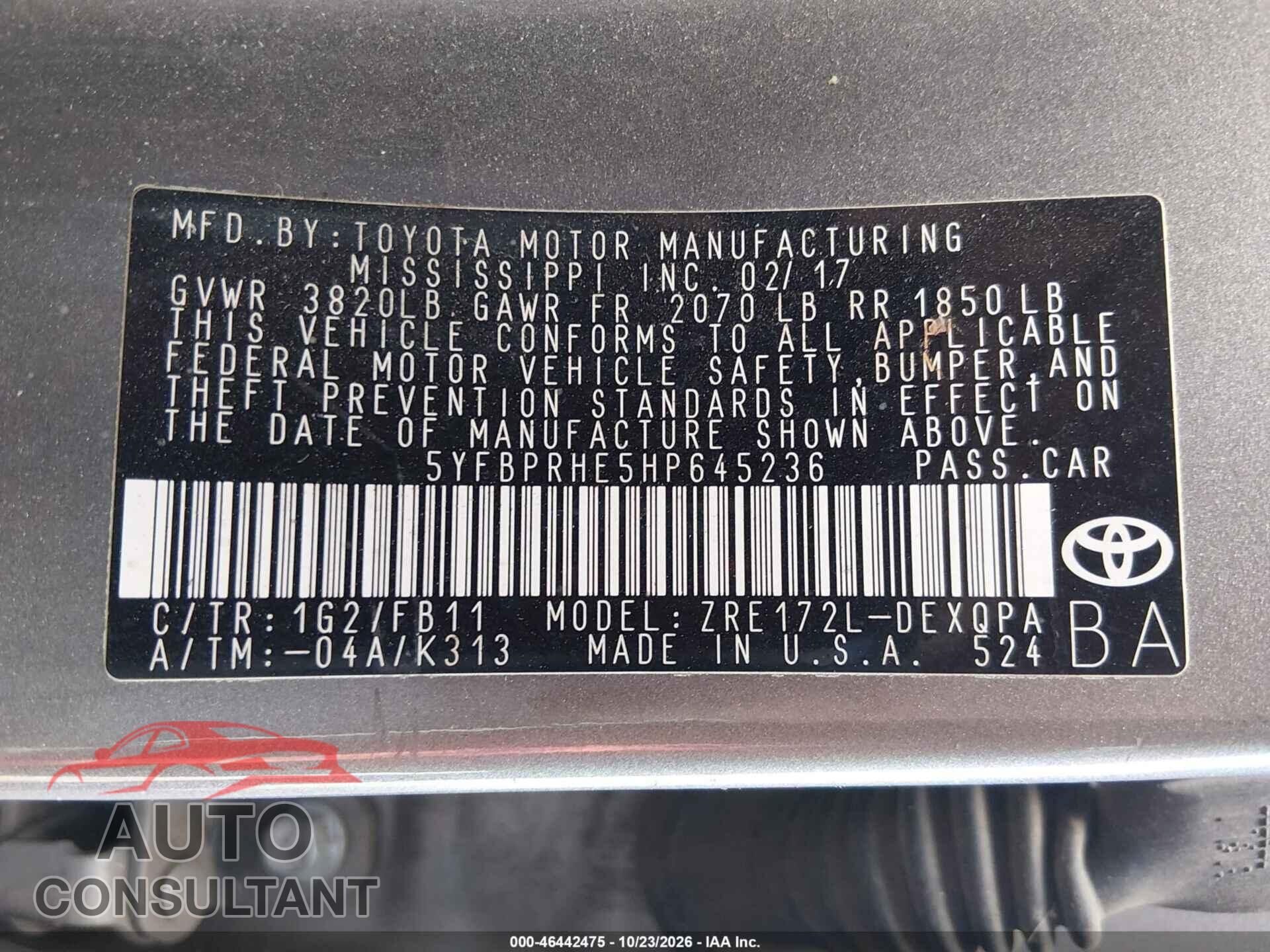 TOYOTA COROLLA 2017 - 5YFBPRHE5HP645236