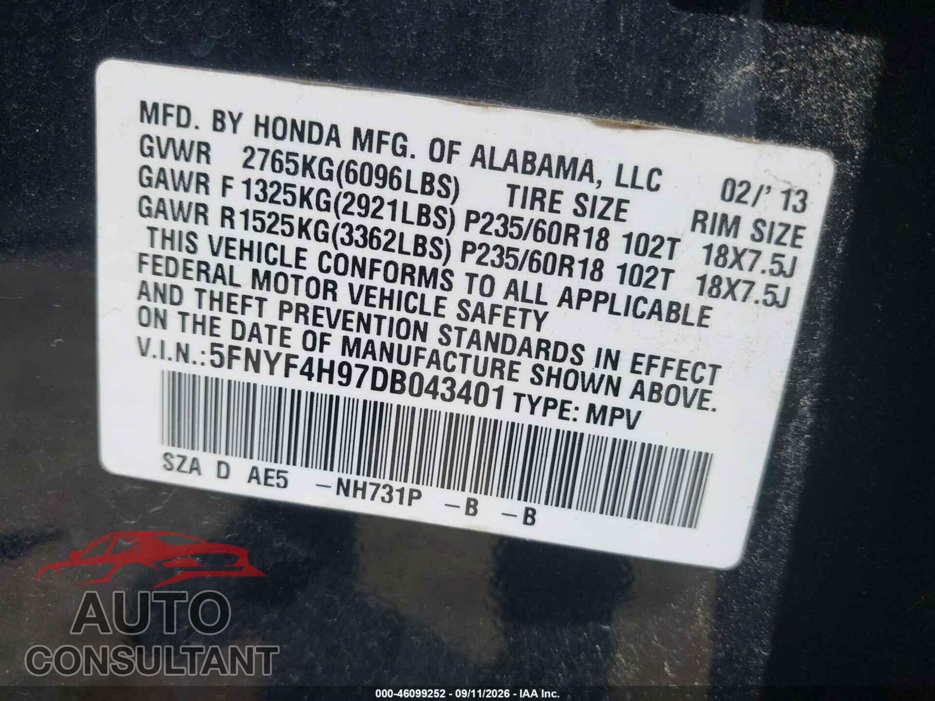 HONDA PILOT 2013 - 5FNYF4H97DB043401