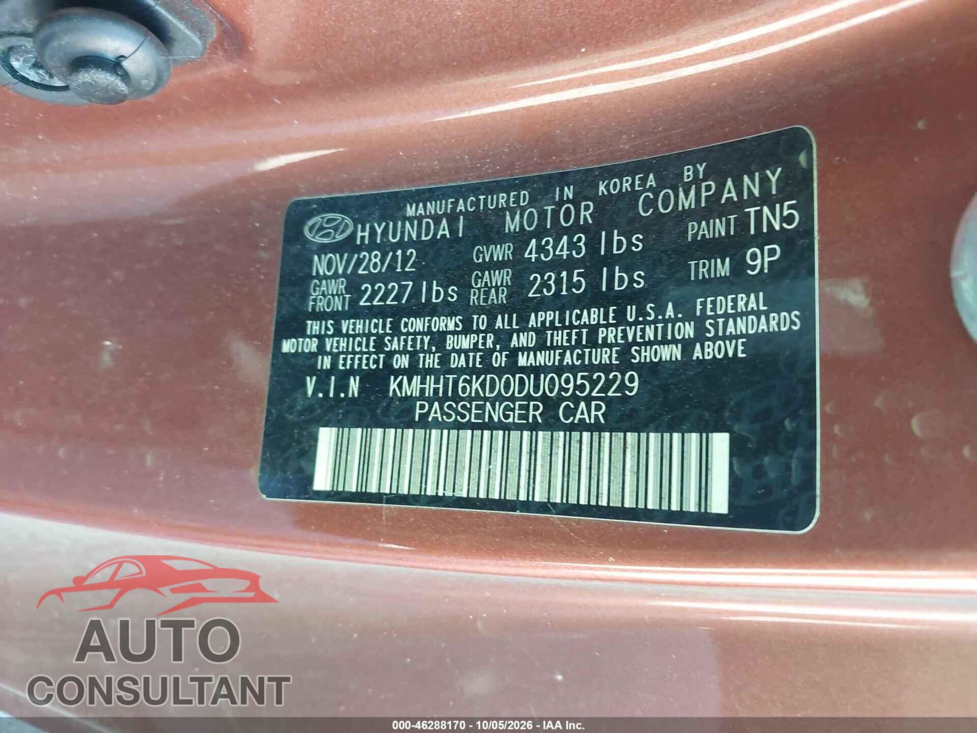 HYUNDAI GENESIS 2013 - KMHHT6KD0DU095229