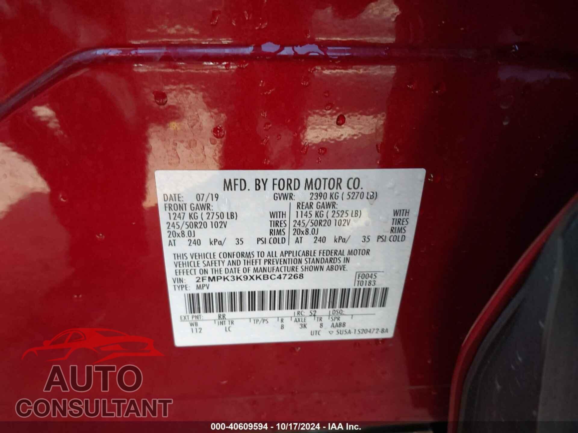 FORD EDGE 2019 - 2FMPK3K9XKBC47268