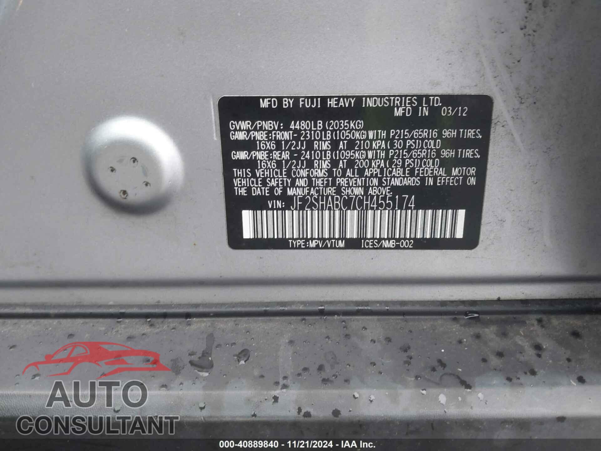 SUBARU FORESTER 2012 - JF2SHABC7CH455174