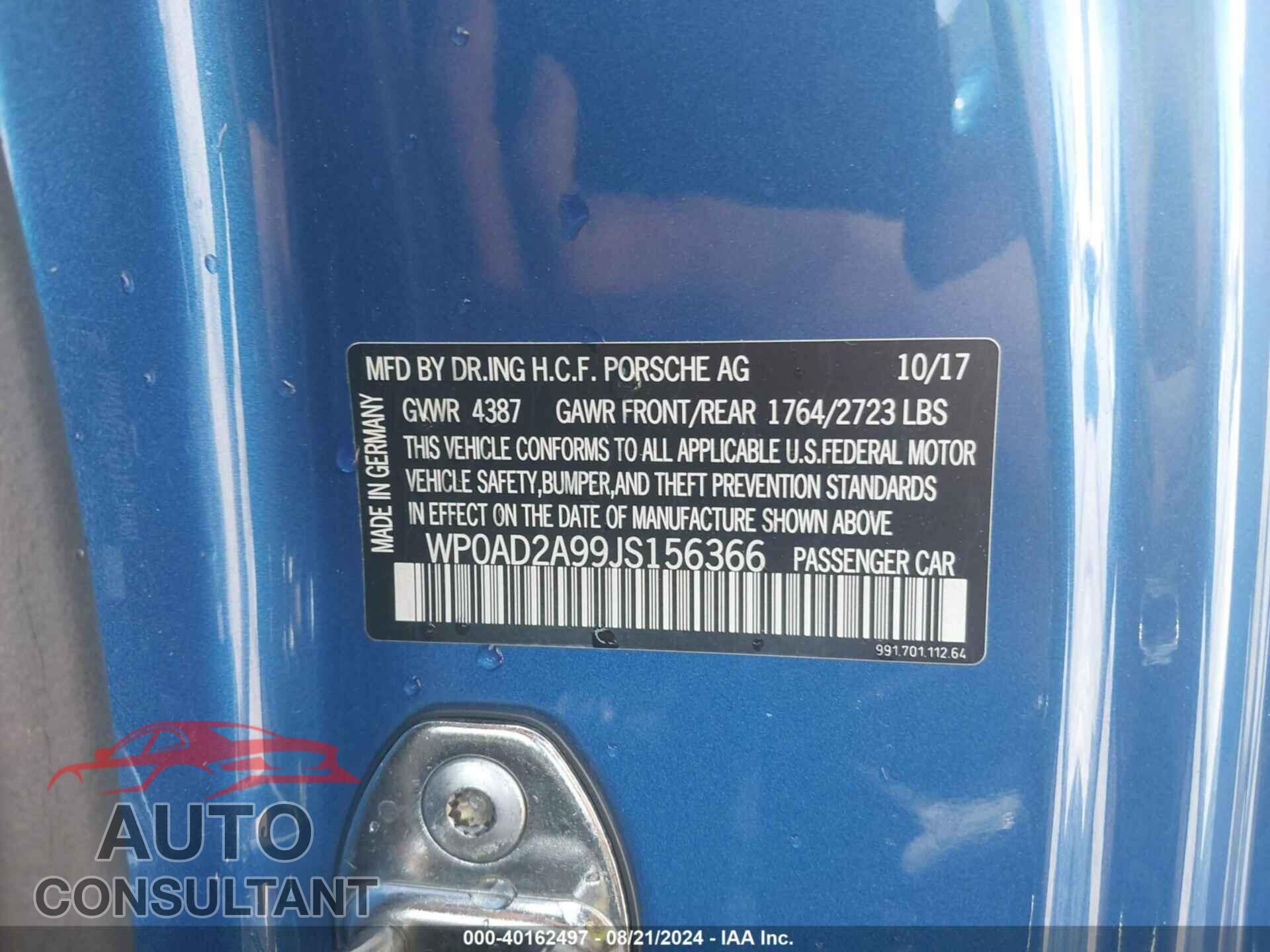 PORSCHE 911 2018 - WP0AD2A99JS156366