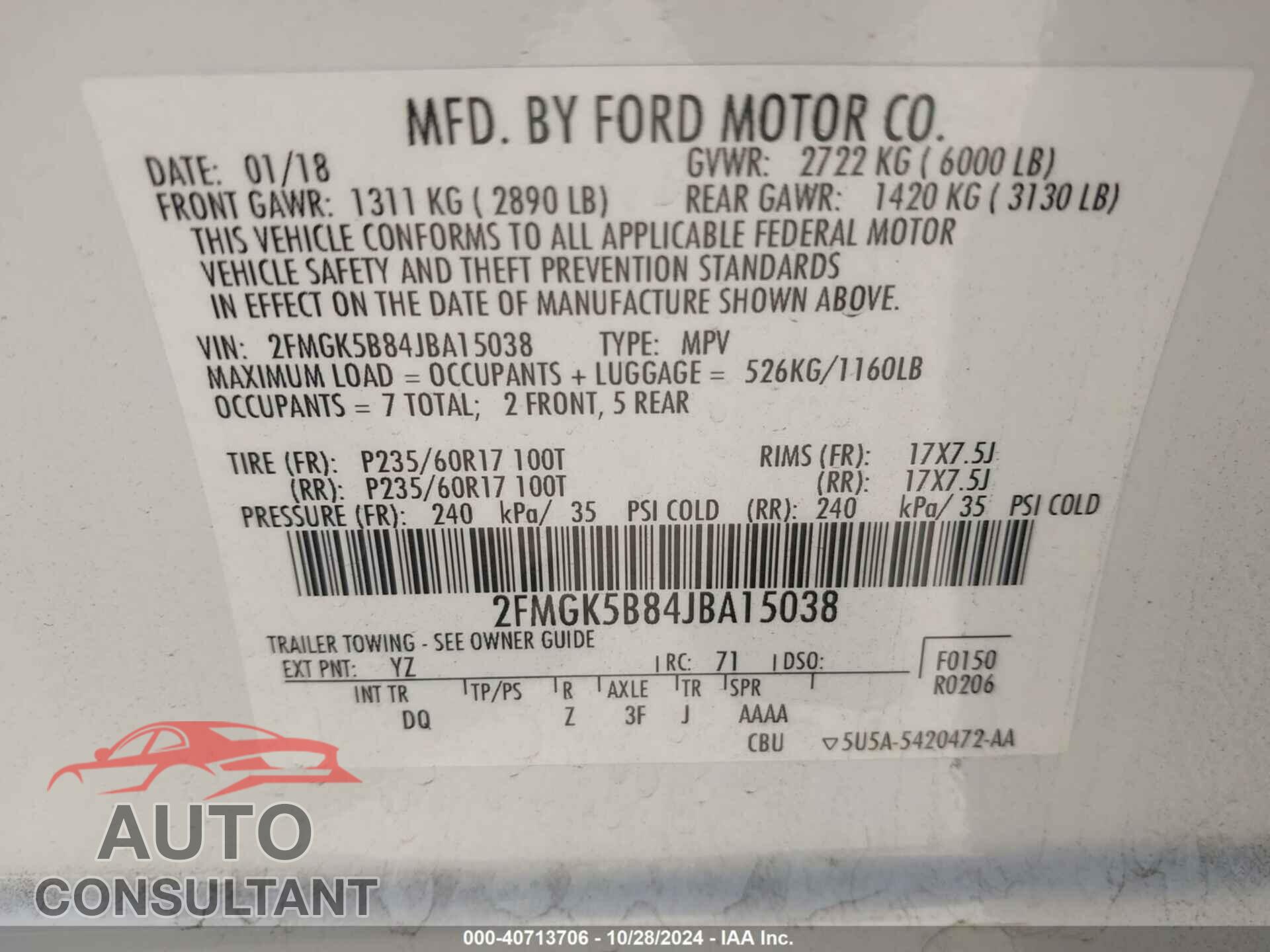 FORD FLEX 2018 - 2FMGK5B84JBA15038