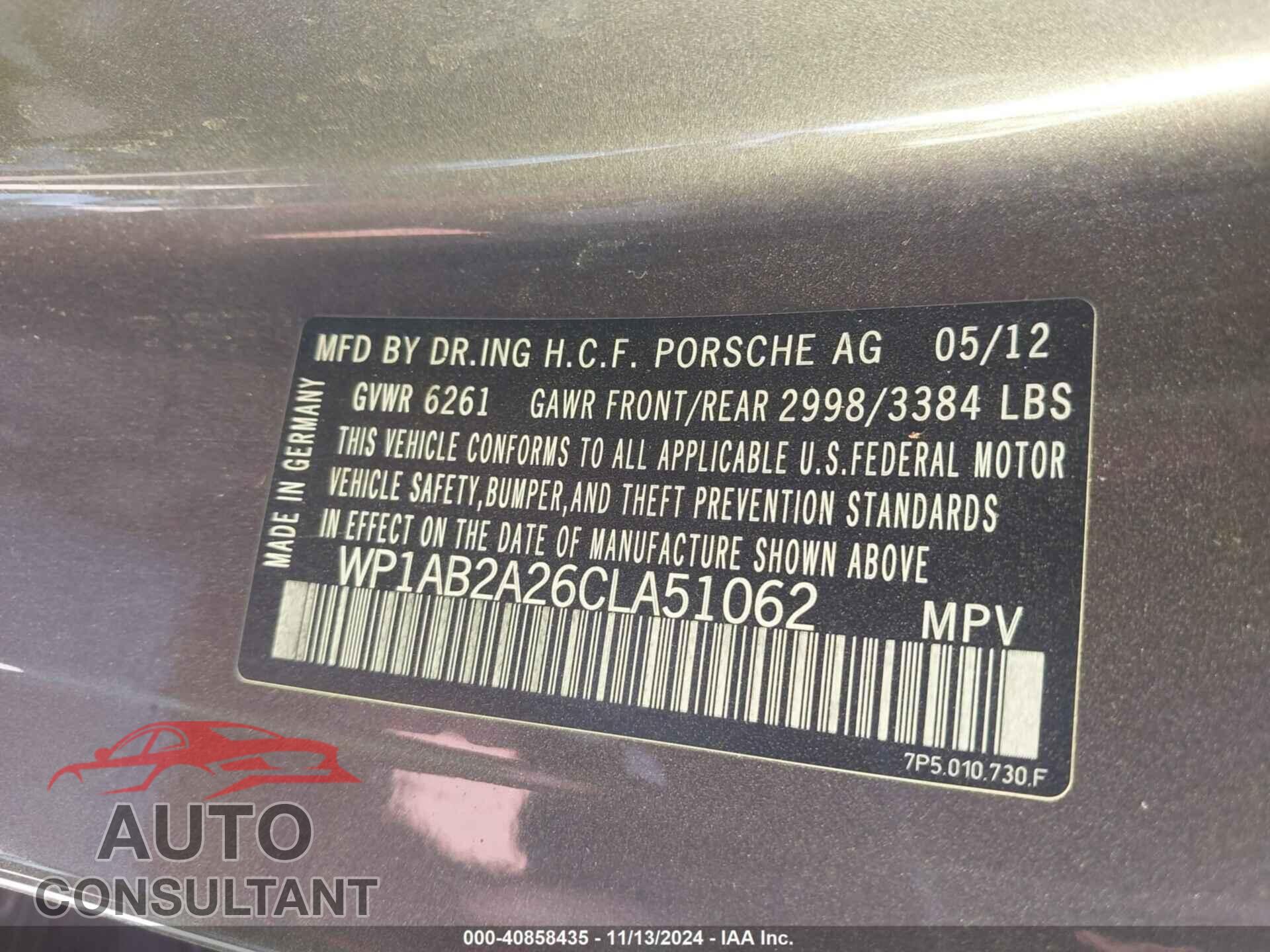 PORSCHE CAYENNE 2012 - WP1AB2A26CLA51062