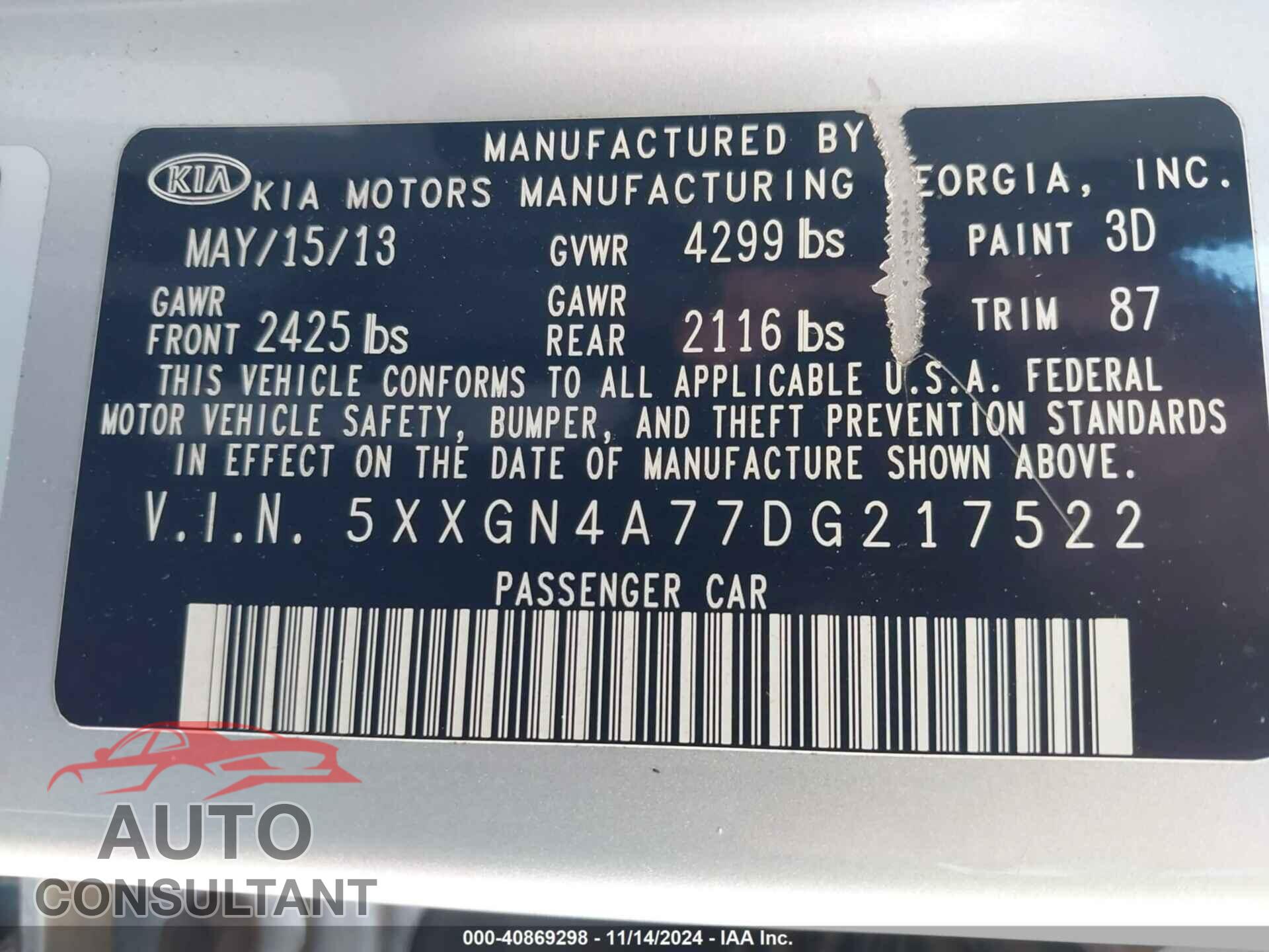 KIA OPTIMA 2013 - 5XXGN4A77DG217522