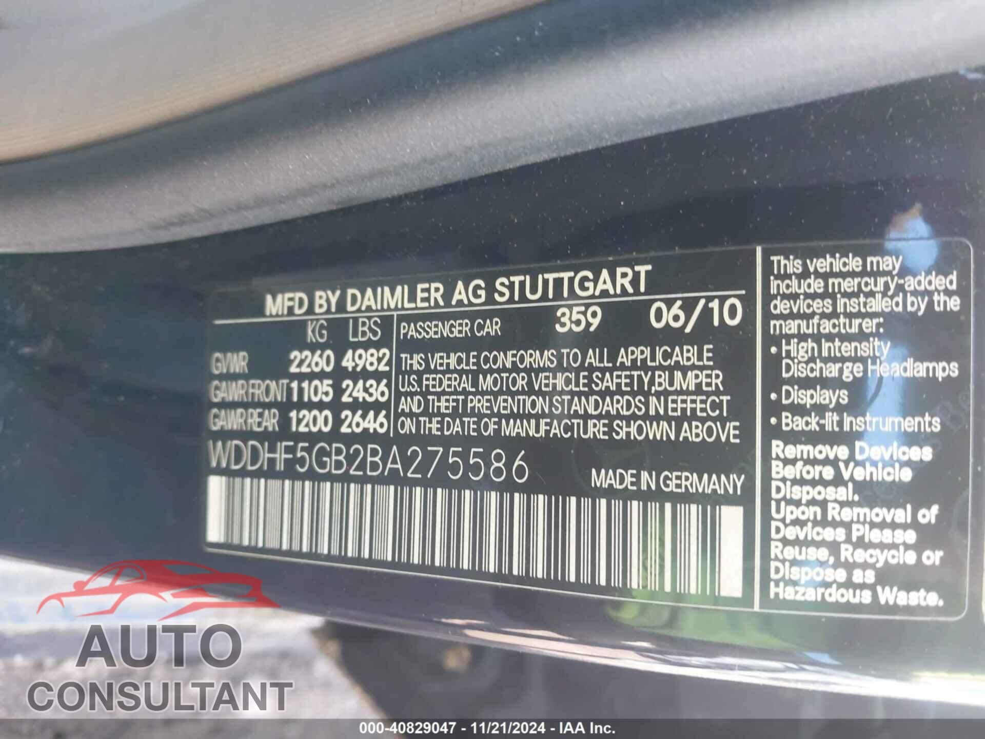 MERCEDES-BENZ E 350 2011 - WDDHF5GB2BA275586